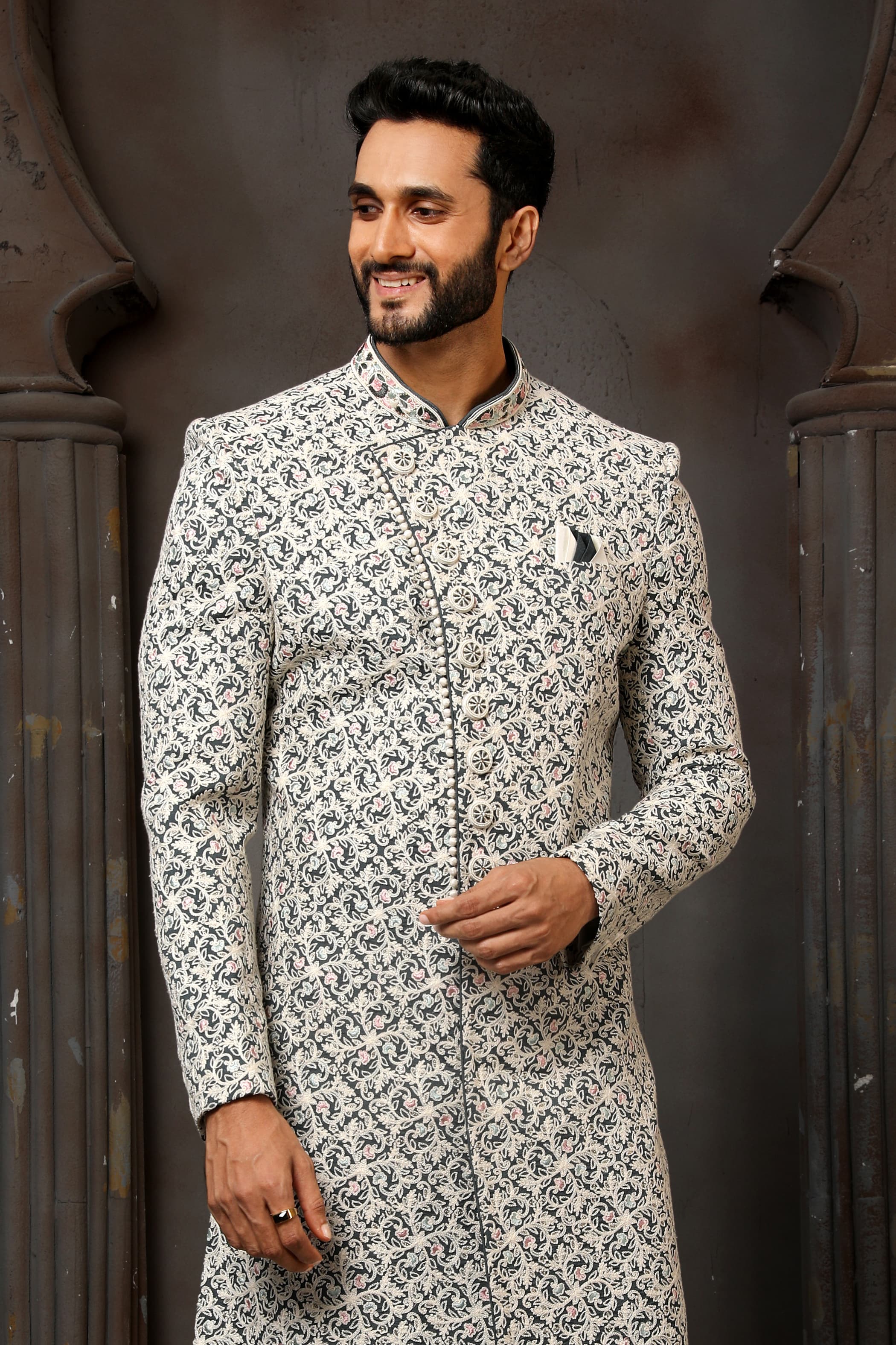 Cream Computer Thread Work Sherwani for Men with Chudidar