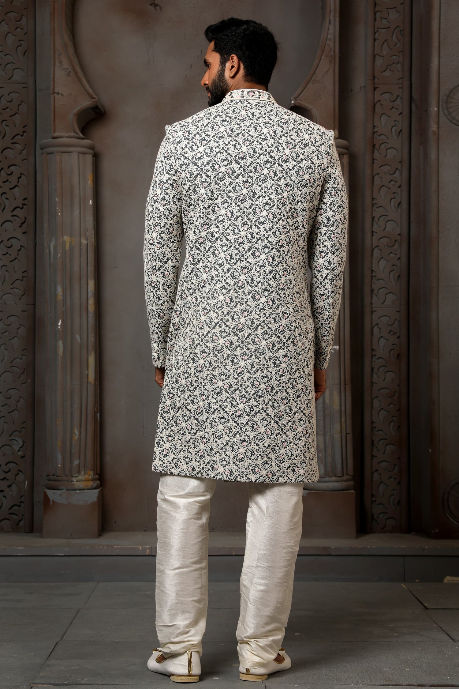 Cream Computer Thread Work Sherwani for Men with Chudidar