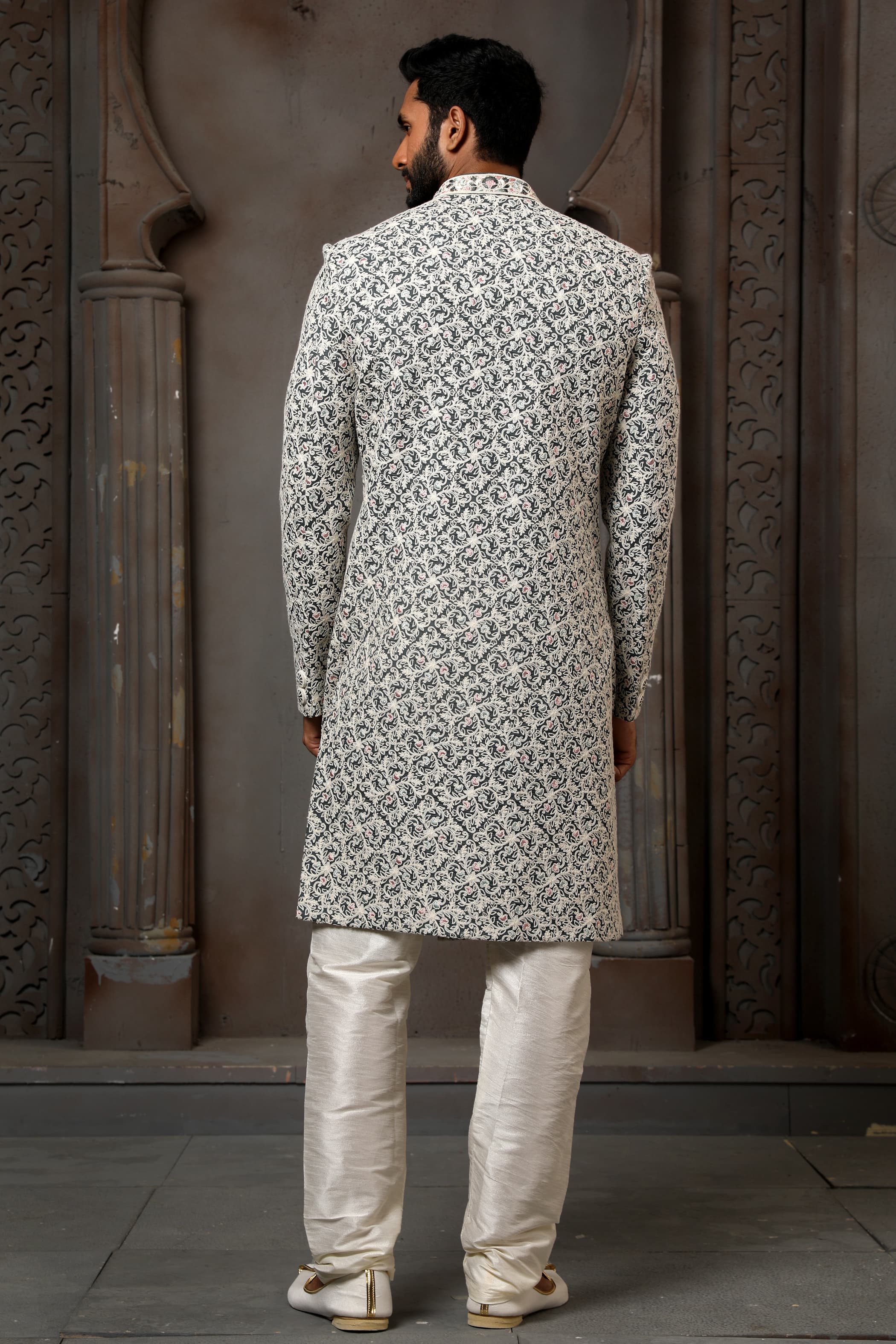 Cream Computer Thread Work Sherwani for Men with Chudidar