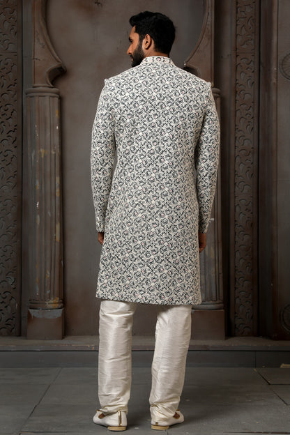 Cream Computer Thread Work Sherwani for Men with Chudidar