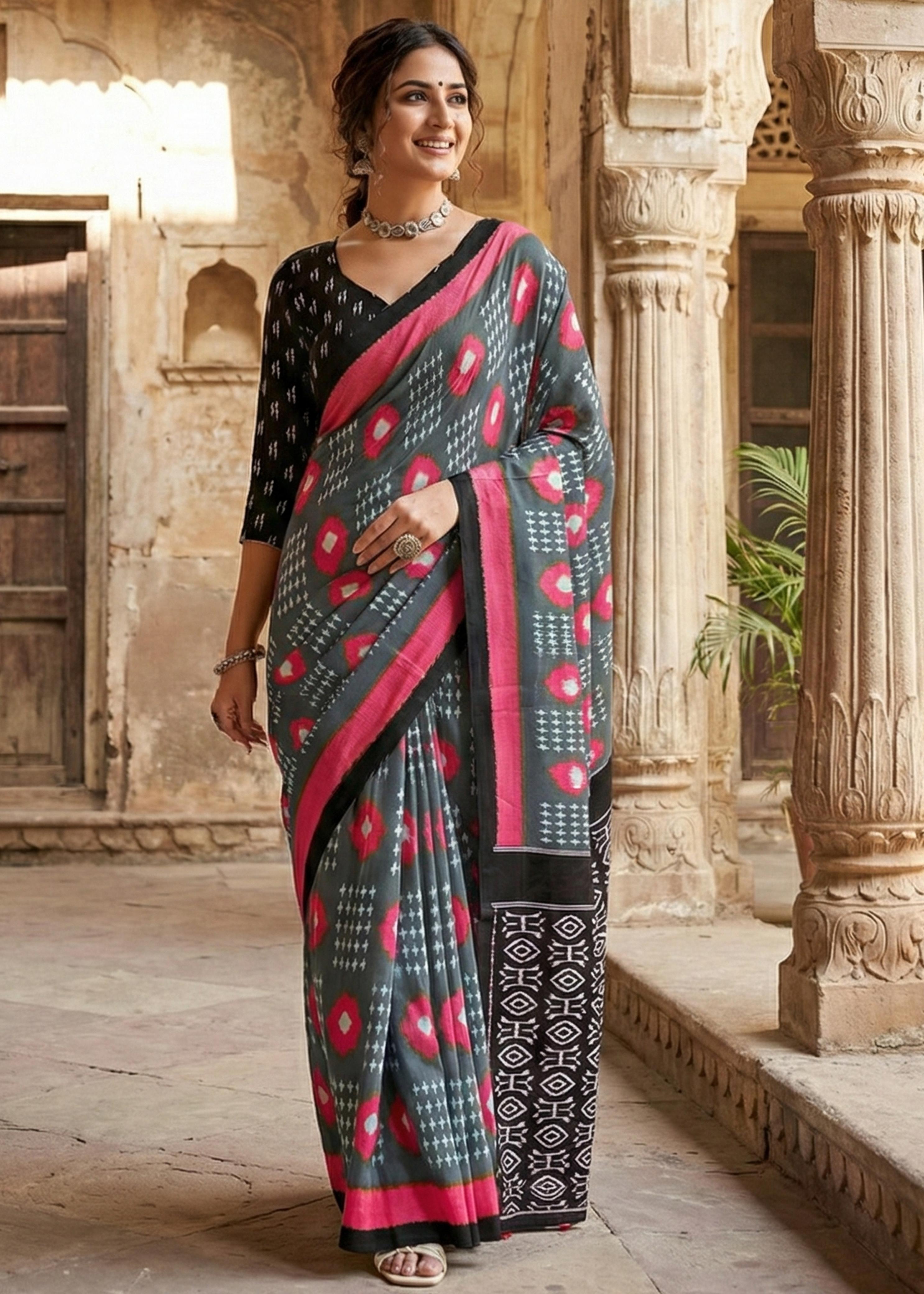 Grey Soft Pure Cotton Chunni Printed Cotton Saree