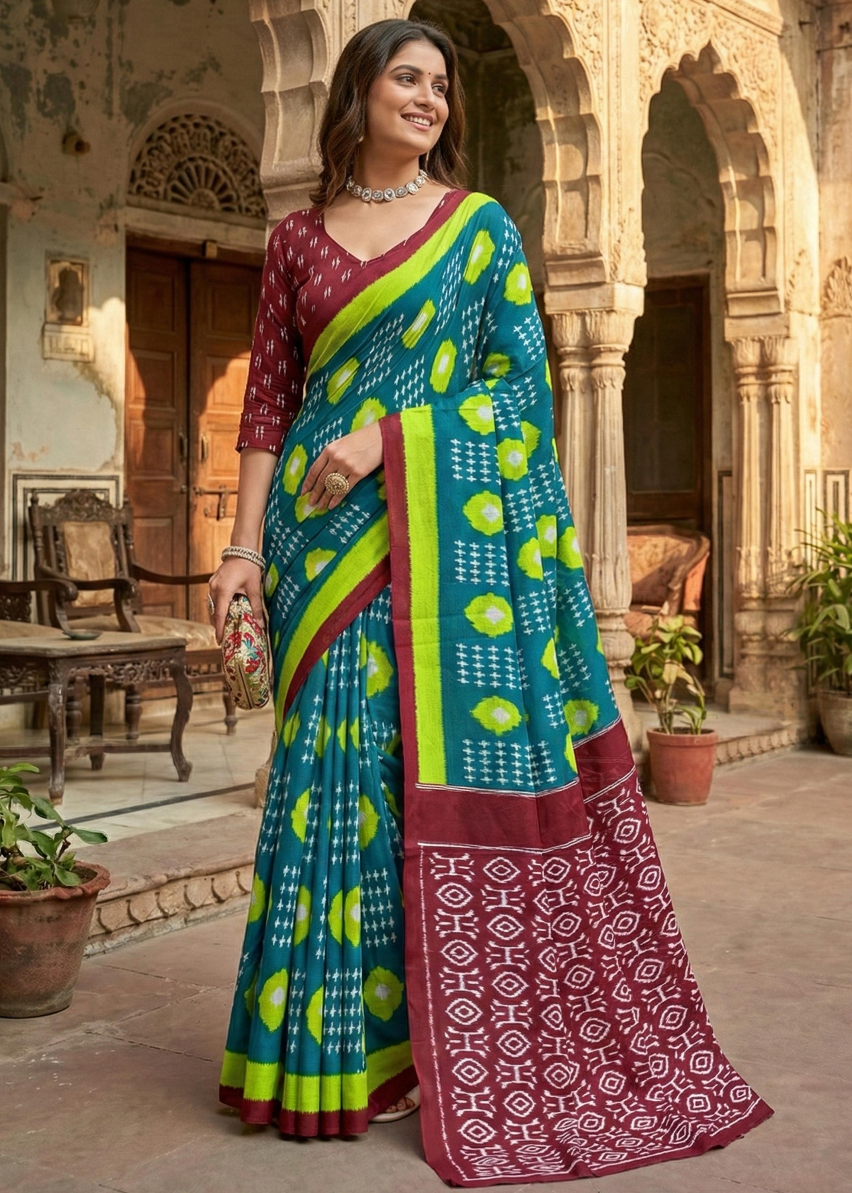 Green Soft Pure Cotton Chunni Printed Cotton Saree