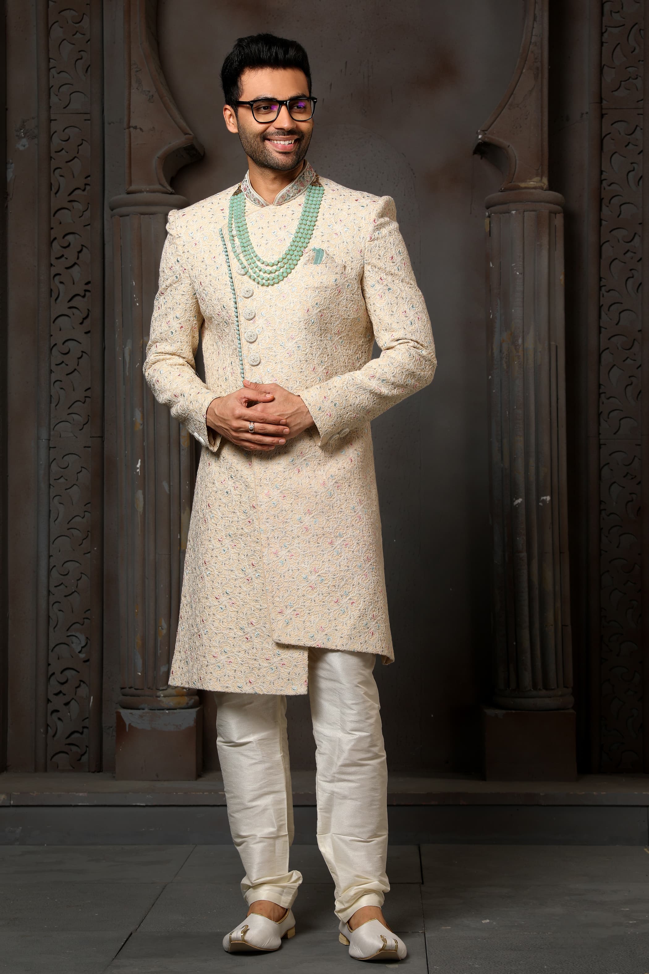 Beige Computer Thread Work Sherwani for Men with Chudidar