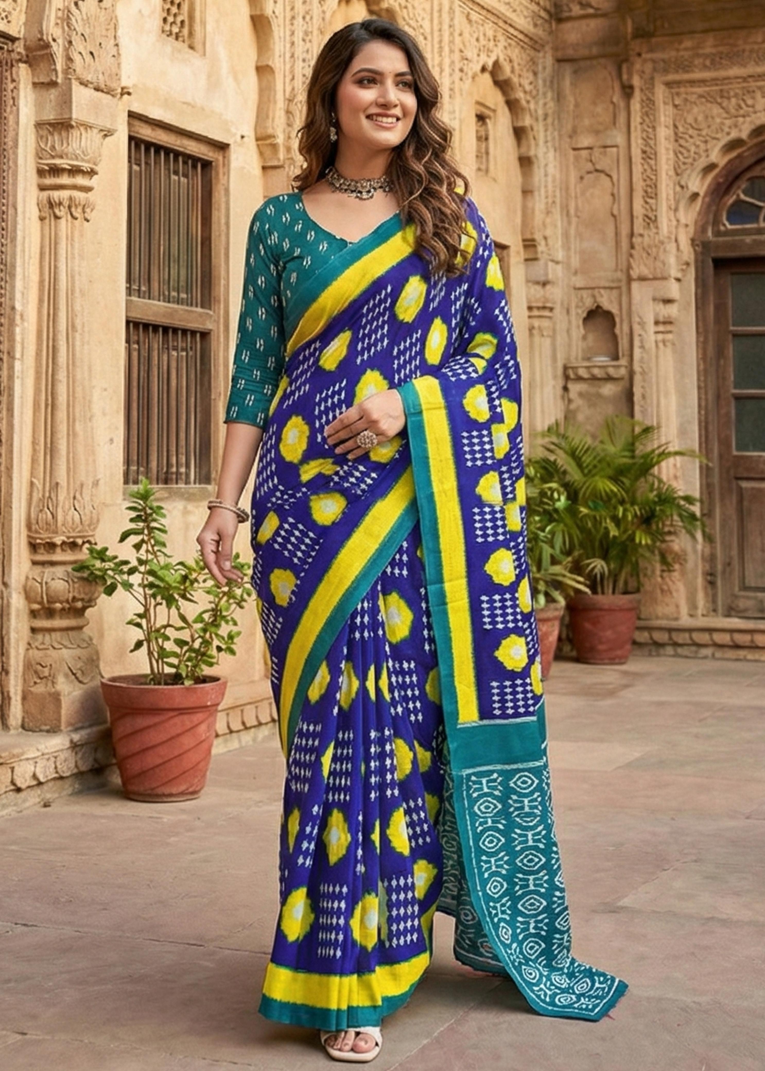 Blue Soft Pure Cotton Chunni Printed Cotton Saree