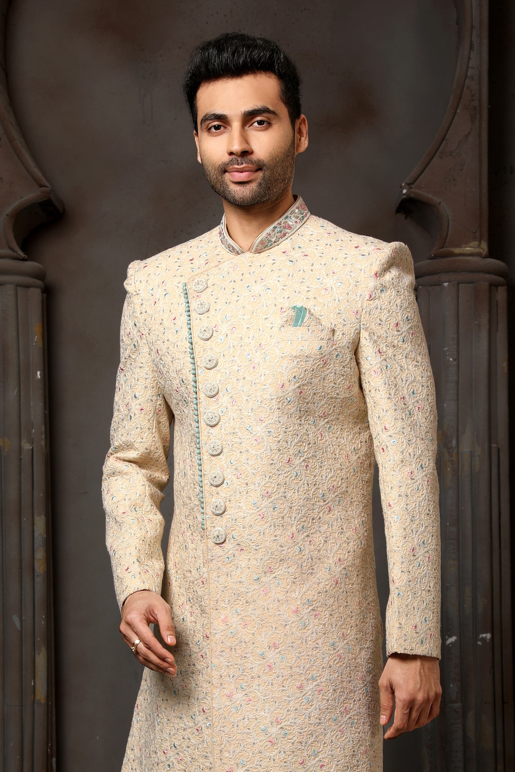 Beige Computer Thread Work Sherwani for Men with Chudidar