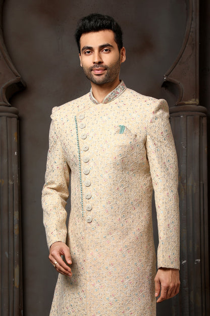 Beige Computer Thread Work Sherwani for Men with Chudidar