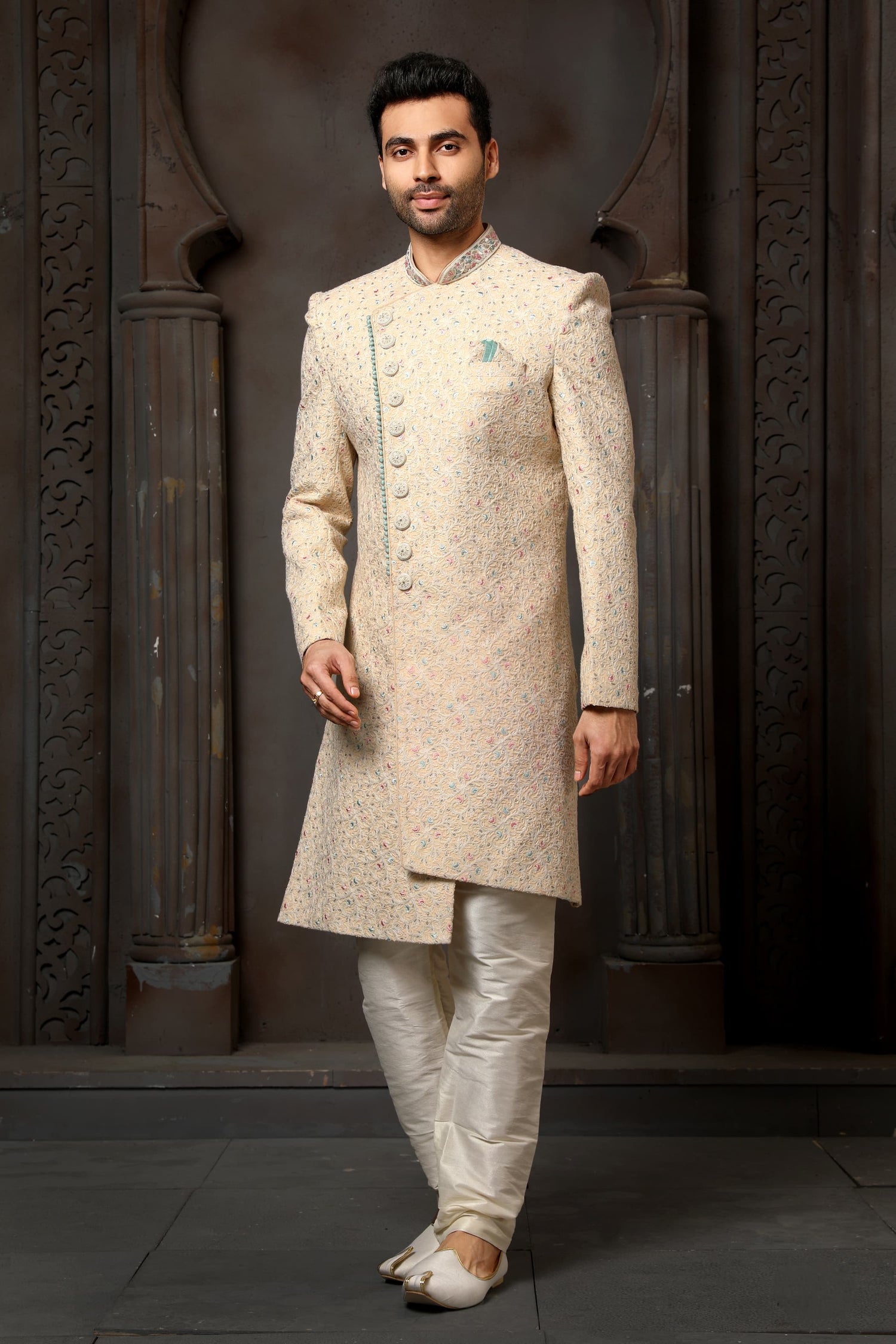 Beige Computer Thread Work Sherwani for Men with Chudidar