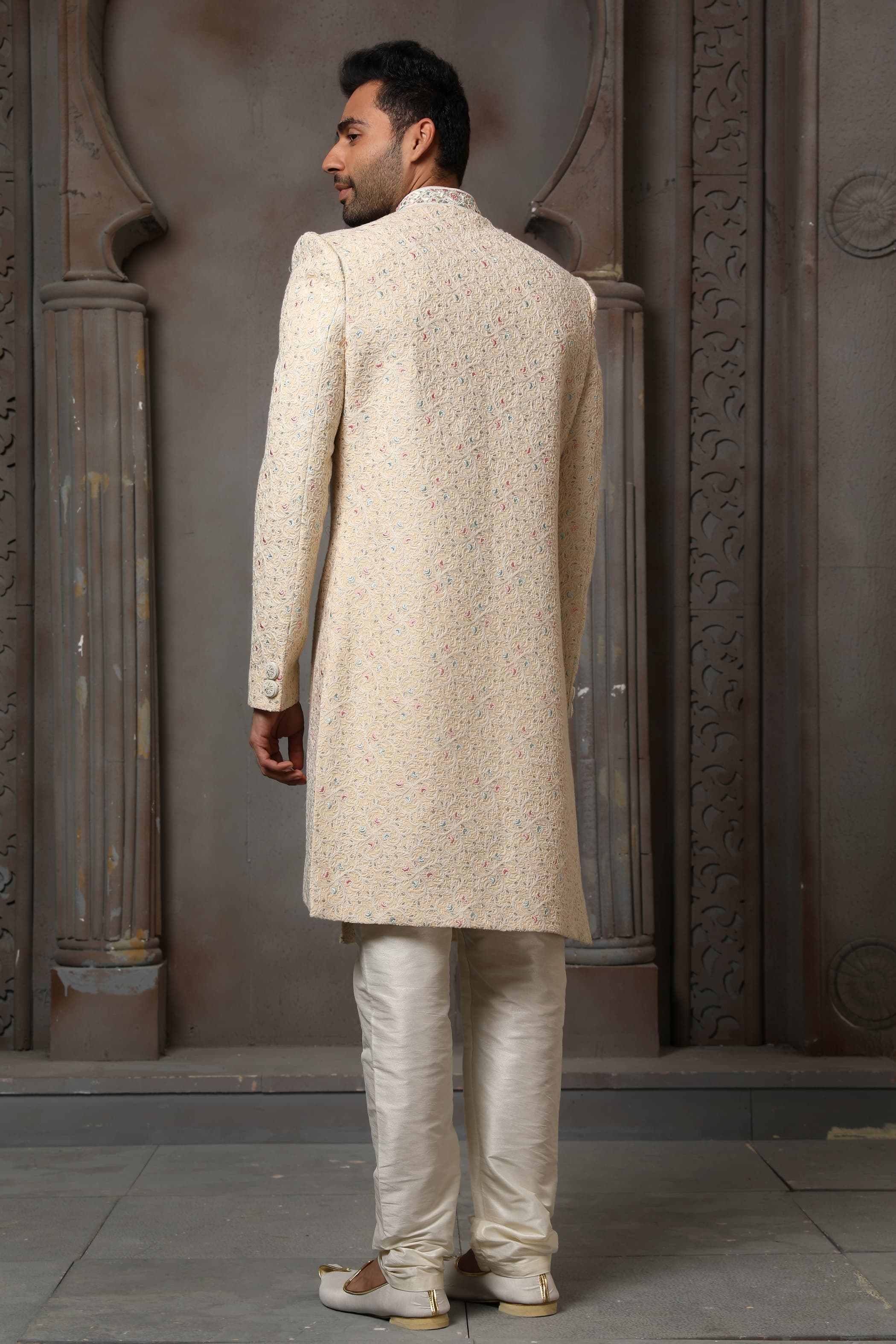 Beige Computer Thread Work Sherwani for Men with Chudidar