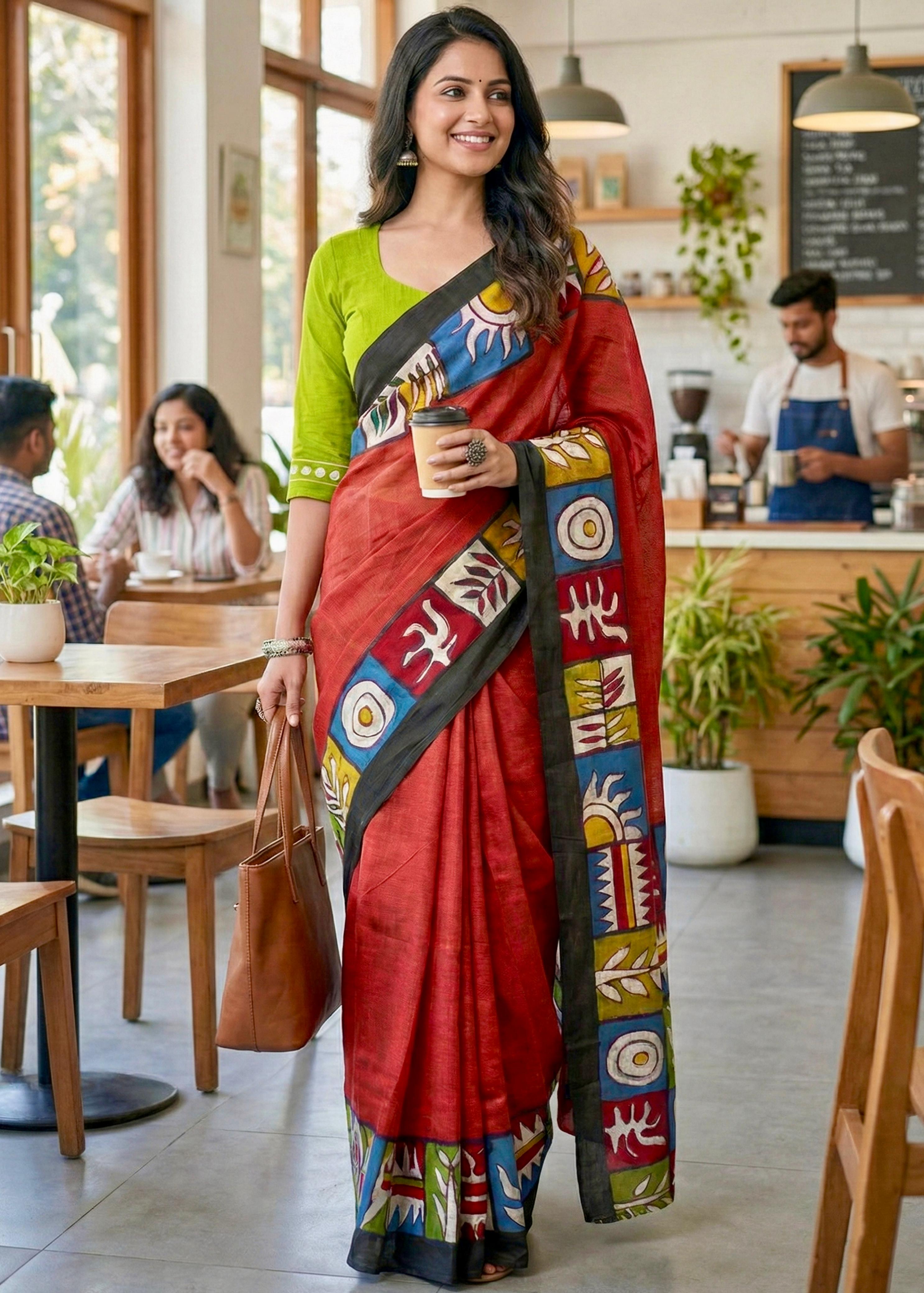 Red Soft Pure Cotton Bagru Printed Cotton Saree