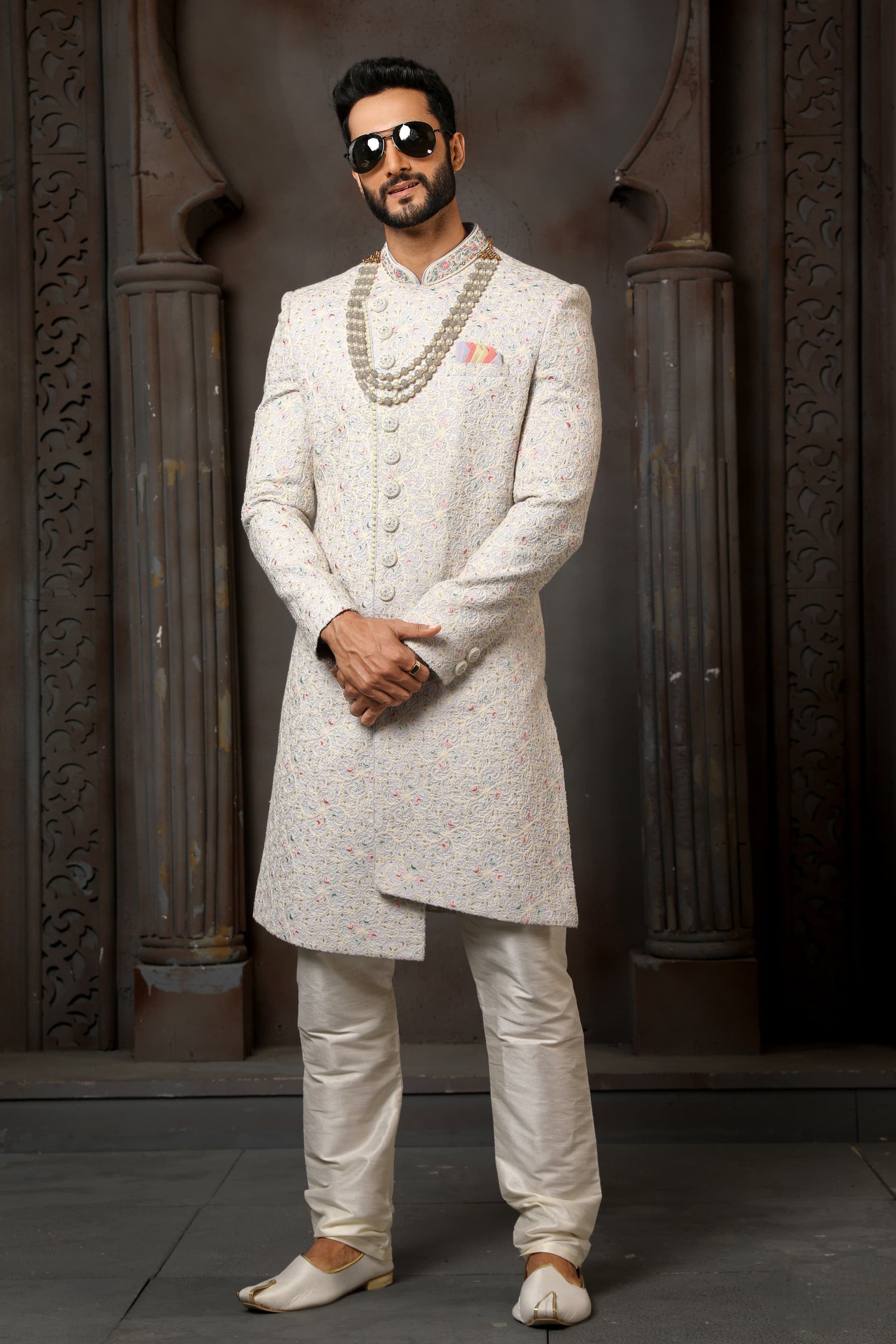 Sky Blue Computer Thread Work Sherwani for Men with Chudidar