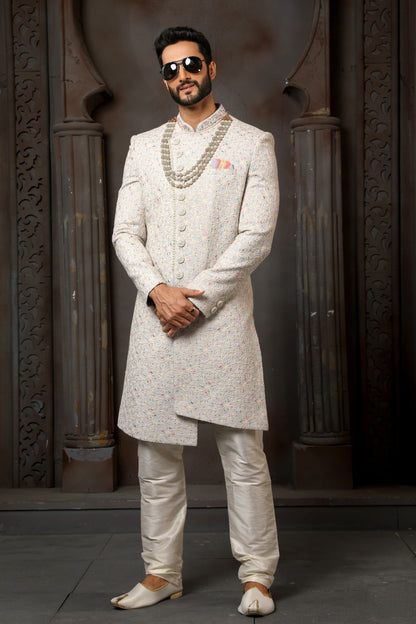 Sky Blue Computer Thread Work Sherwani for Men with Chudidar