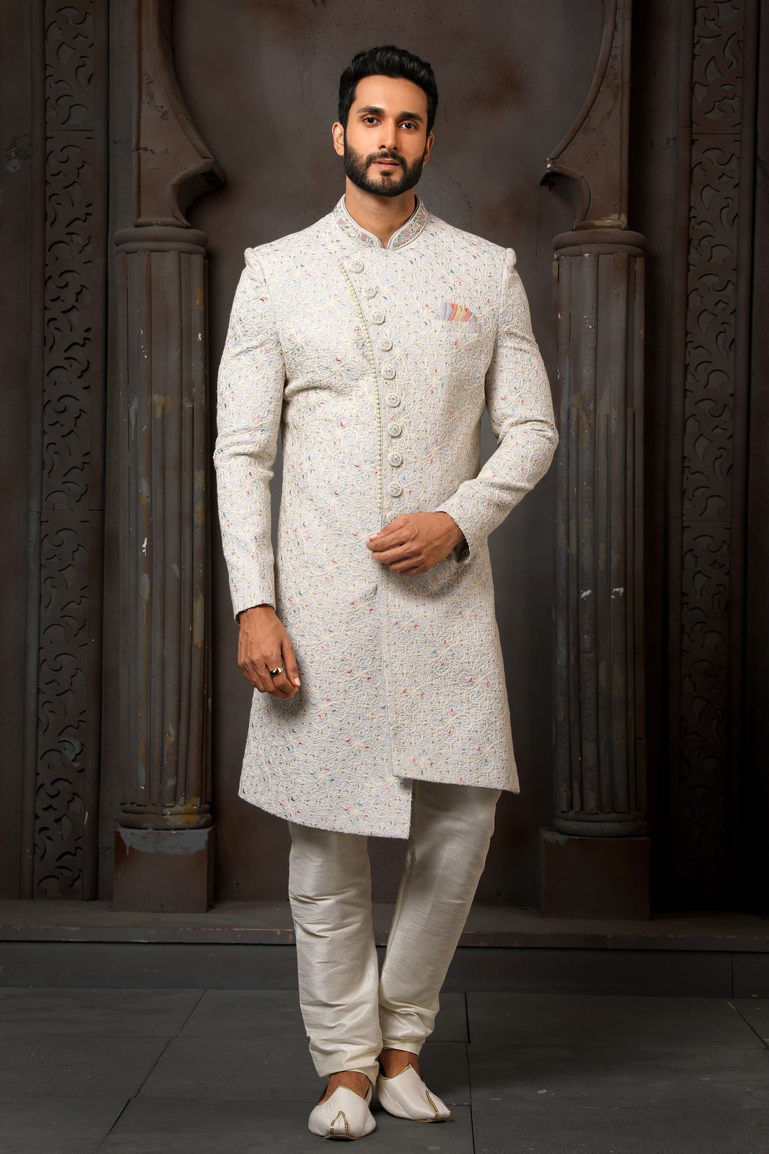 Sky Blue Computer Thread Work Sherwani for Men with Chudidar