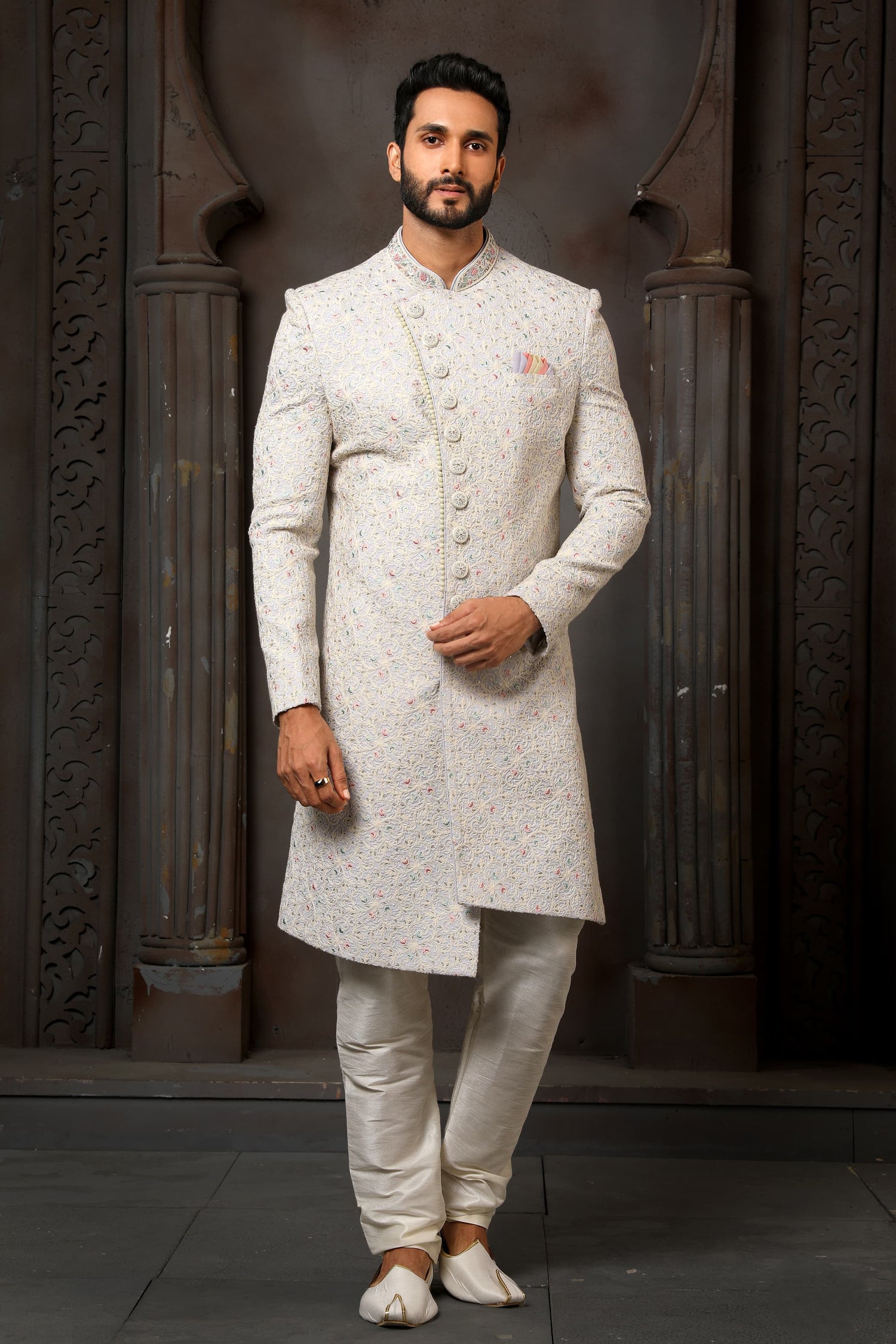 Sky Blue Computer Thread Work Sherwani for Men with Chudidar