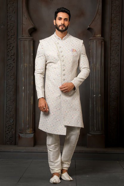 Sky Blue Computer Thread Work Sherwani for Men with Chudidar