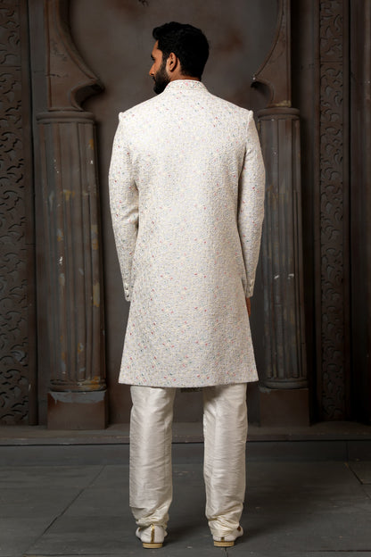 Sky Blue Computer Thread Work Sherwani for Men with Chudidar