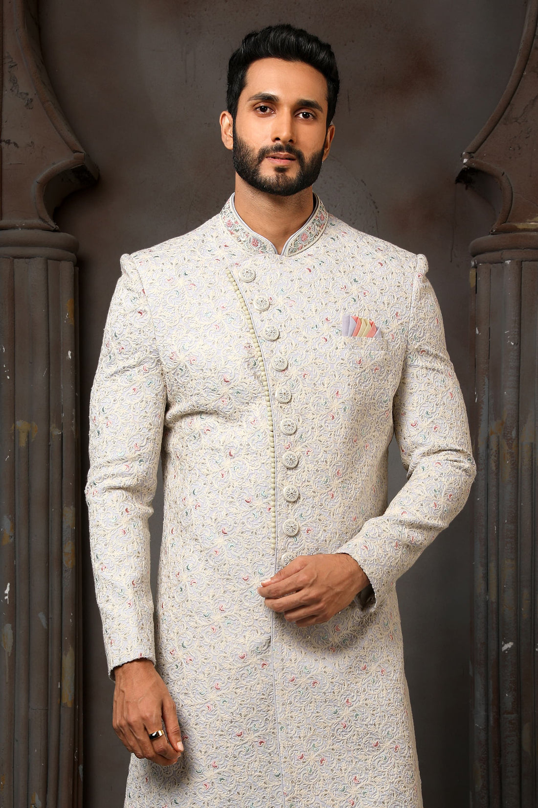 Sky Blue Computer Thread Work Sherwani for Men with Chudidar