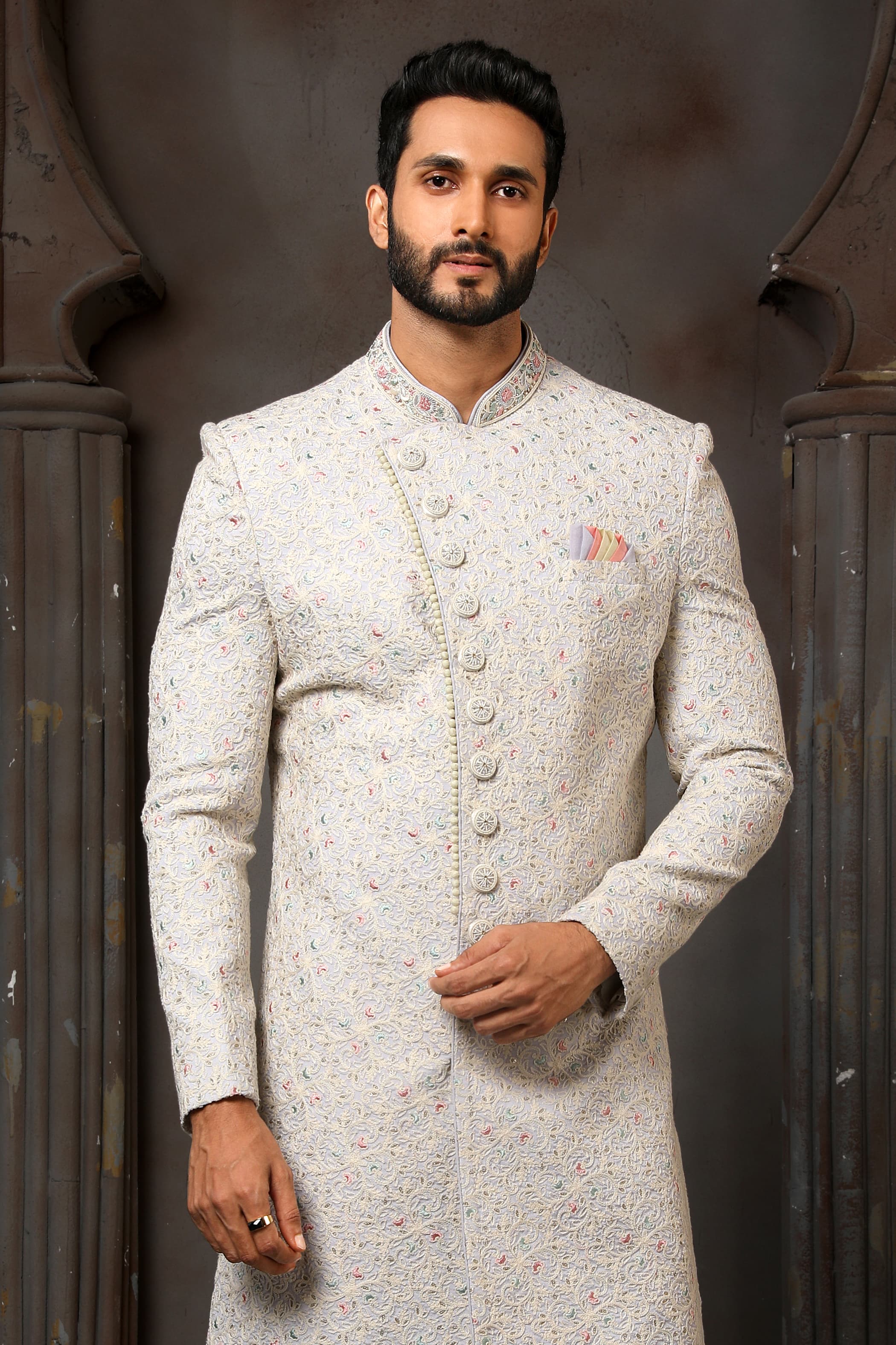 Sky Blue Computer Thread Work Sherwani for Men with Chudidar