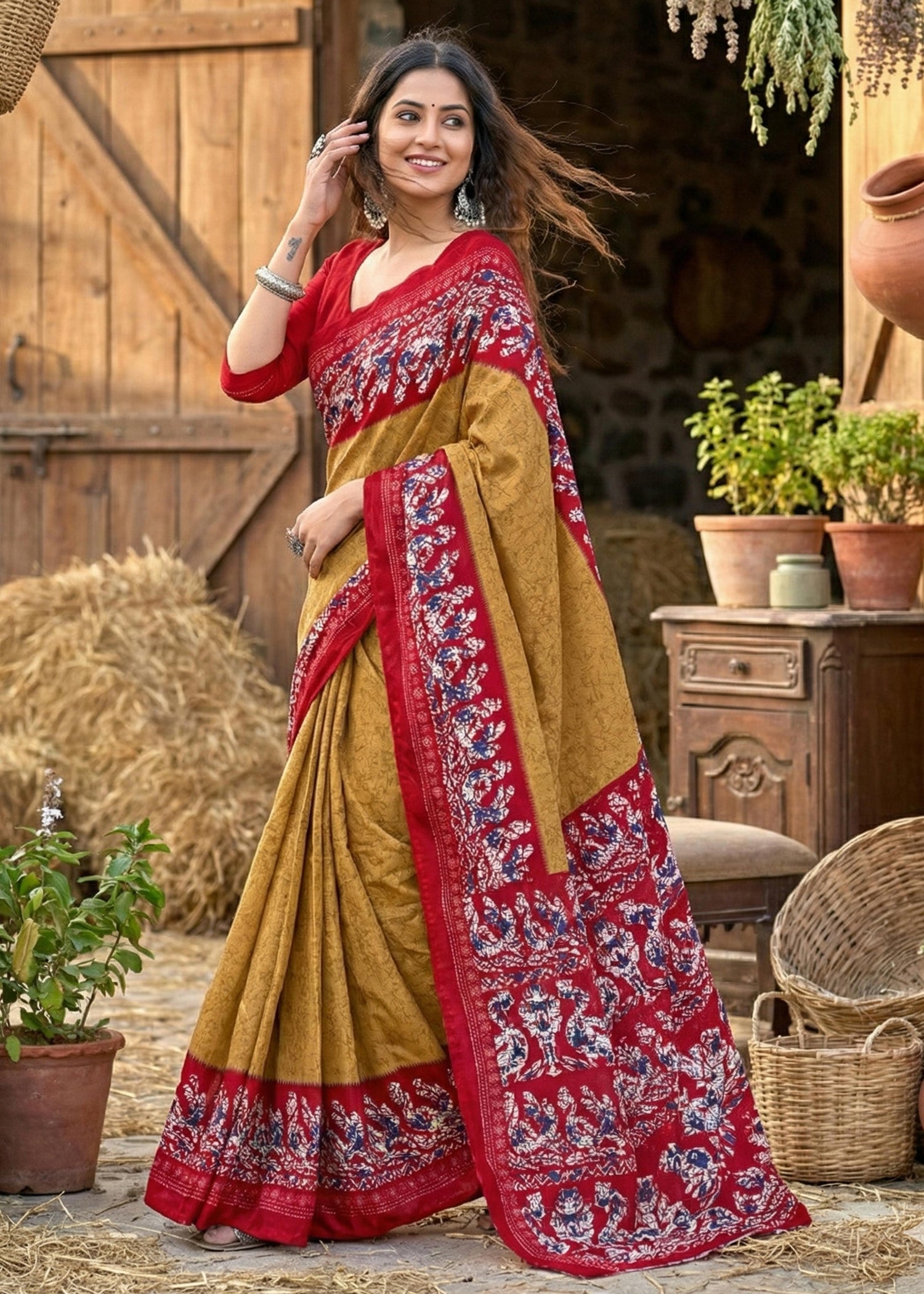 Mustard Soft Pure Cotton Batik Block Printed Cotton Saree