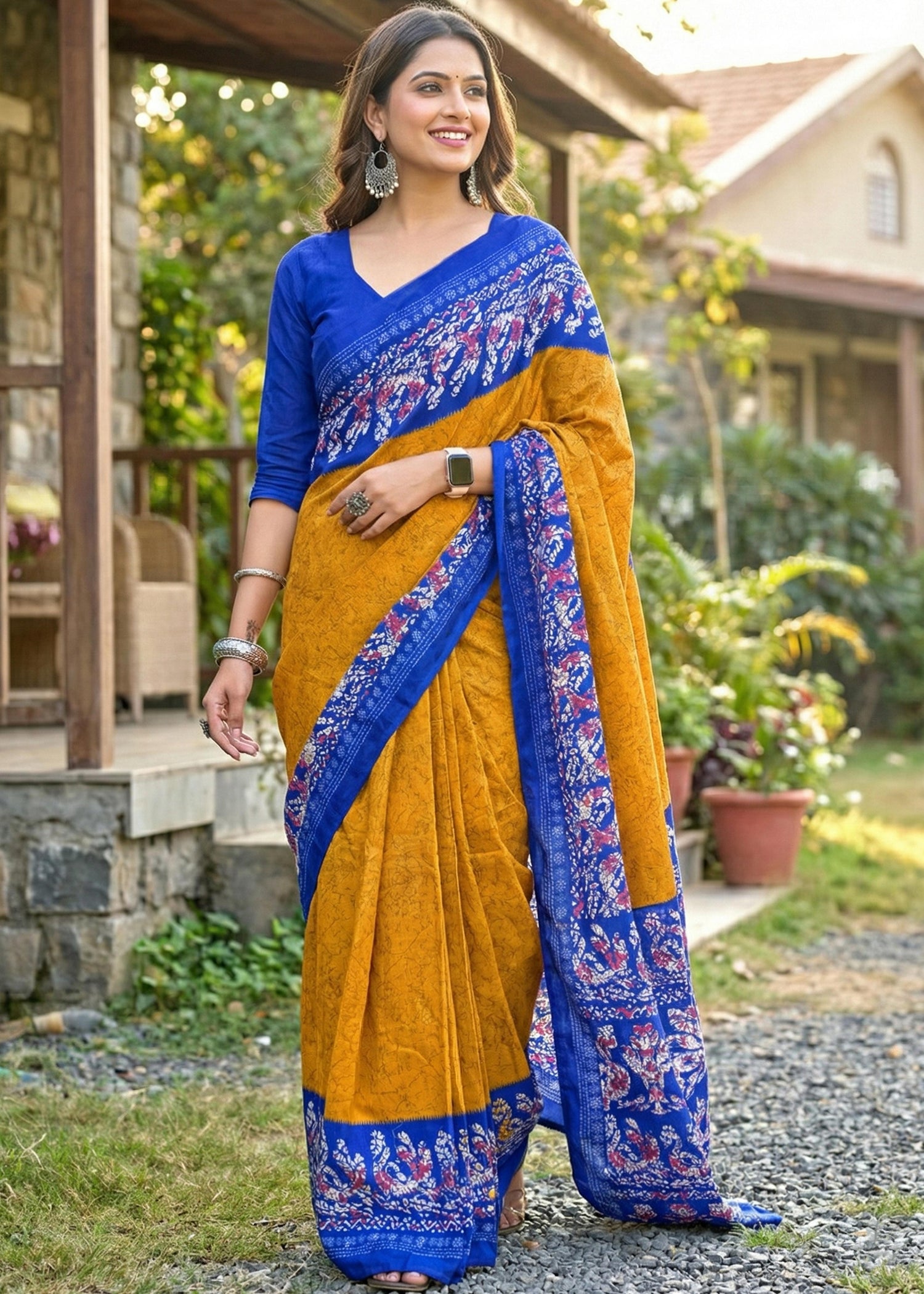Orange Soft Pure Cotton Batik Block Printed Cotton Saree