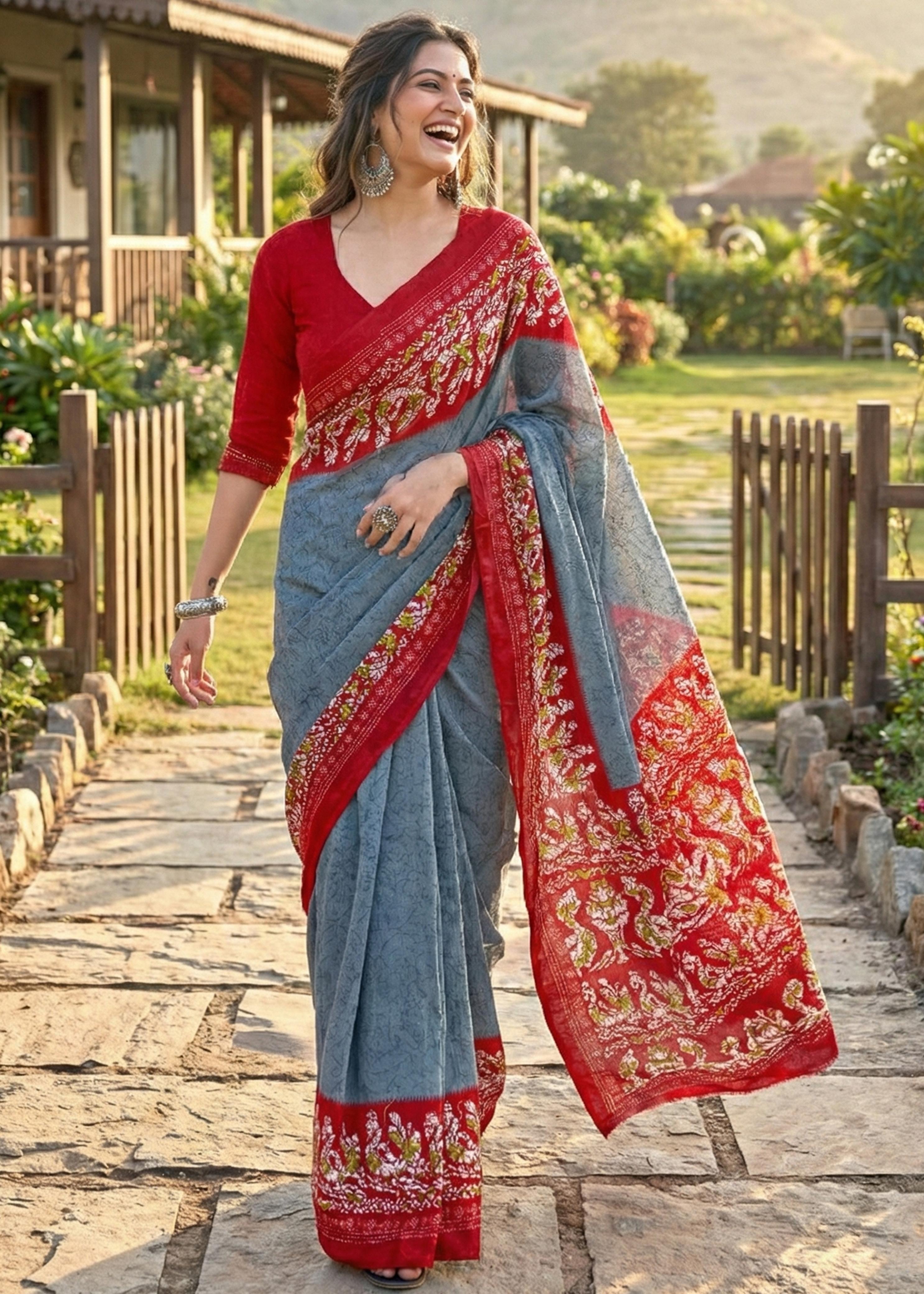 Grey Soft Pure Cotton Batik Block Printed Cotton Saree
