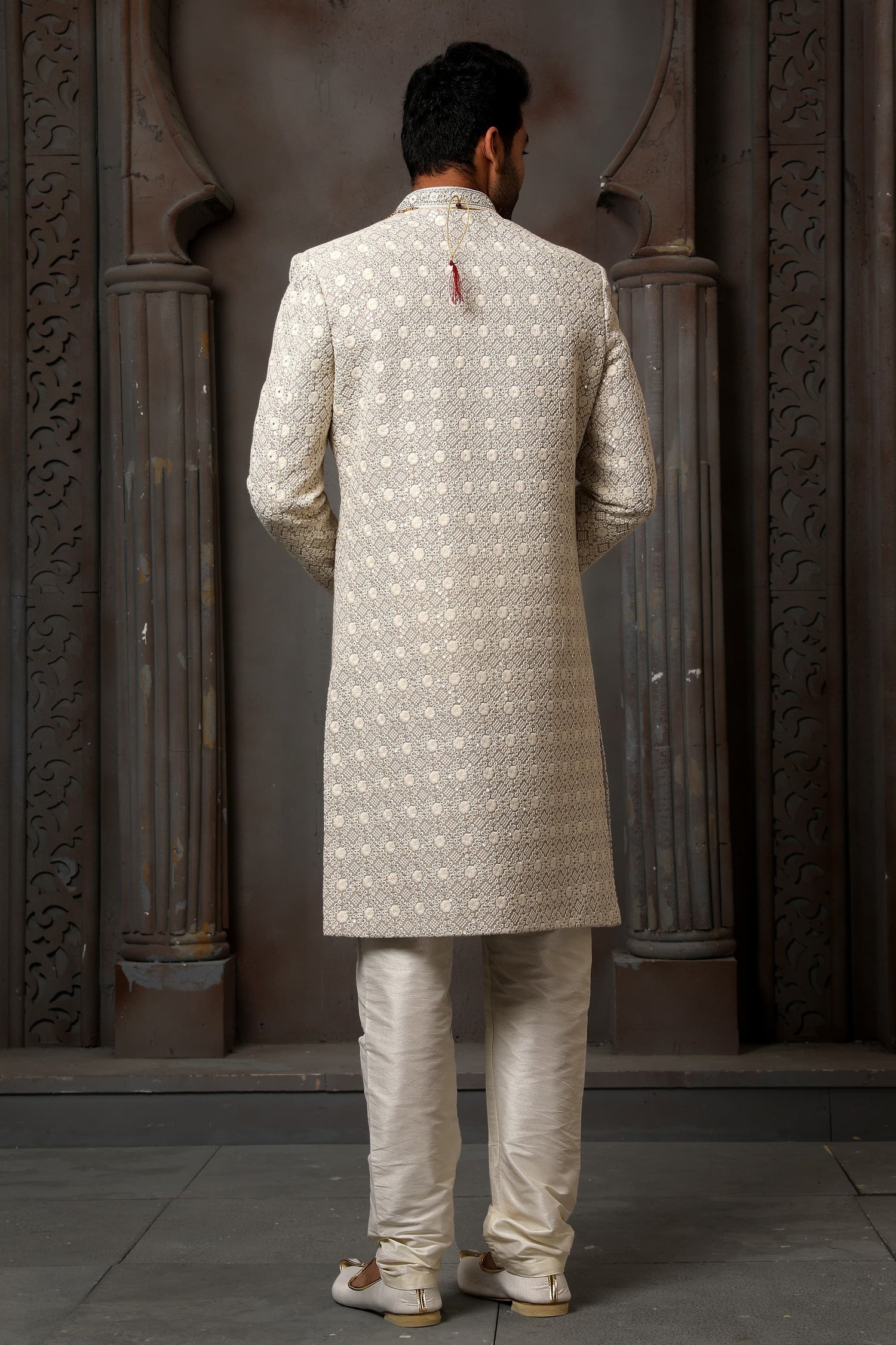Grey Computer Thread Work Sherwani for Men with Chudidar