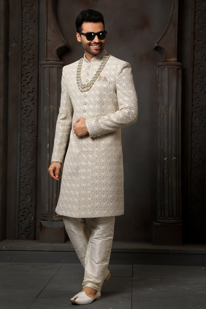 Grey Computer Thread Work Sherwani for Men with Chudidar