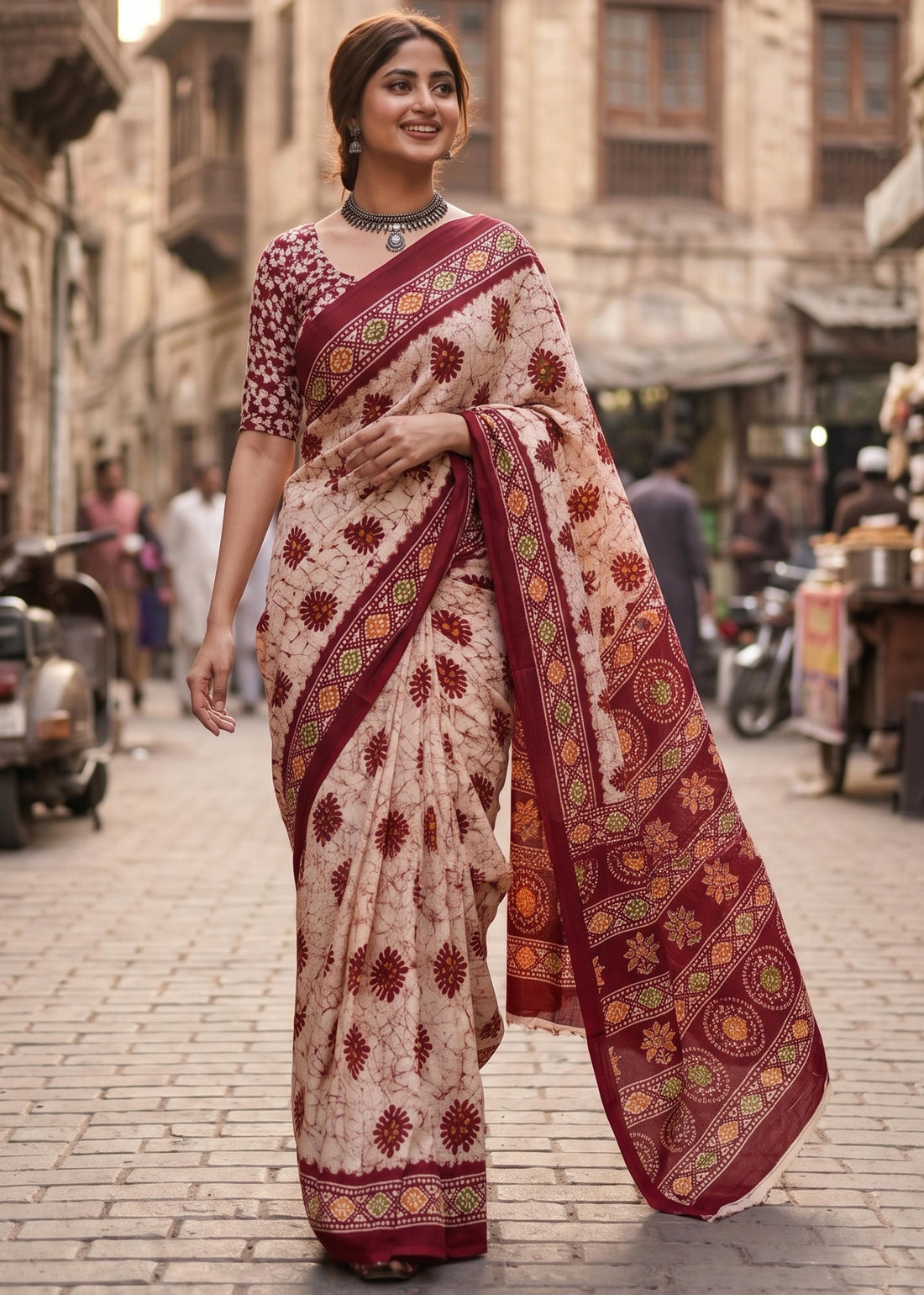 Maroon Soft Pure Cotton Batik Block Printed Cotton Saree 