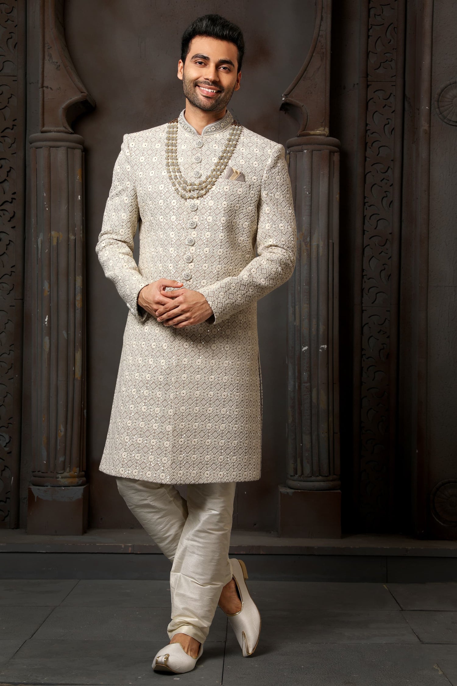 Grey Computer Thread Work Sherwani for Men with Chudidar