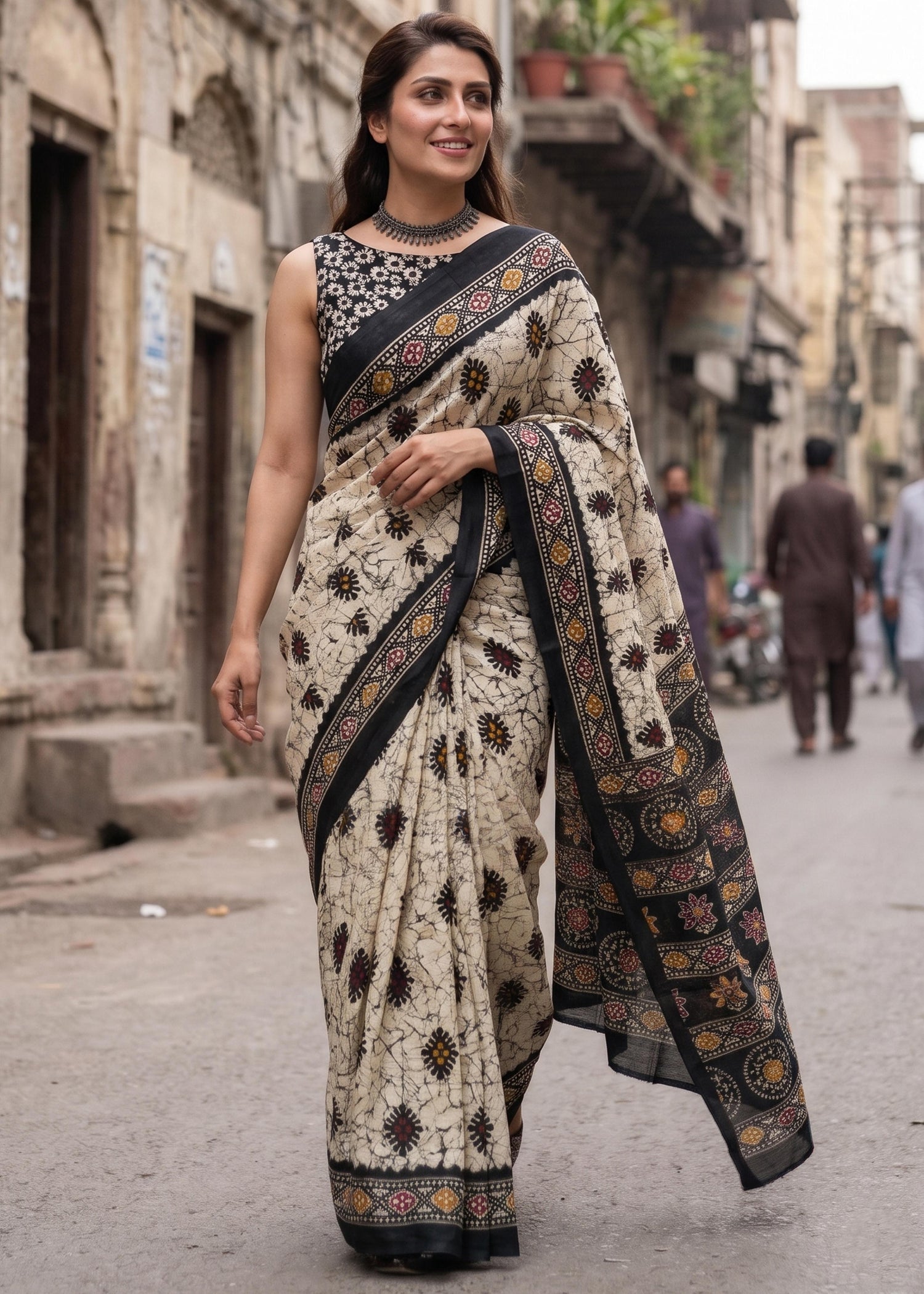 Black Soft Pure Cotton Batik Block Printed Cotton Saree