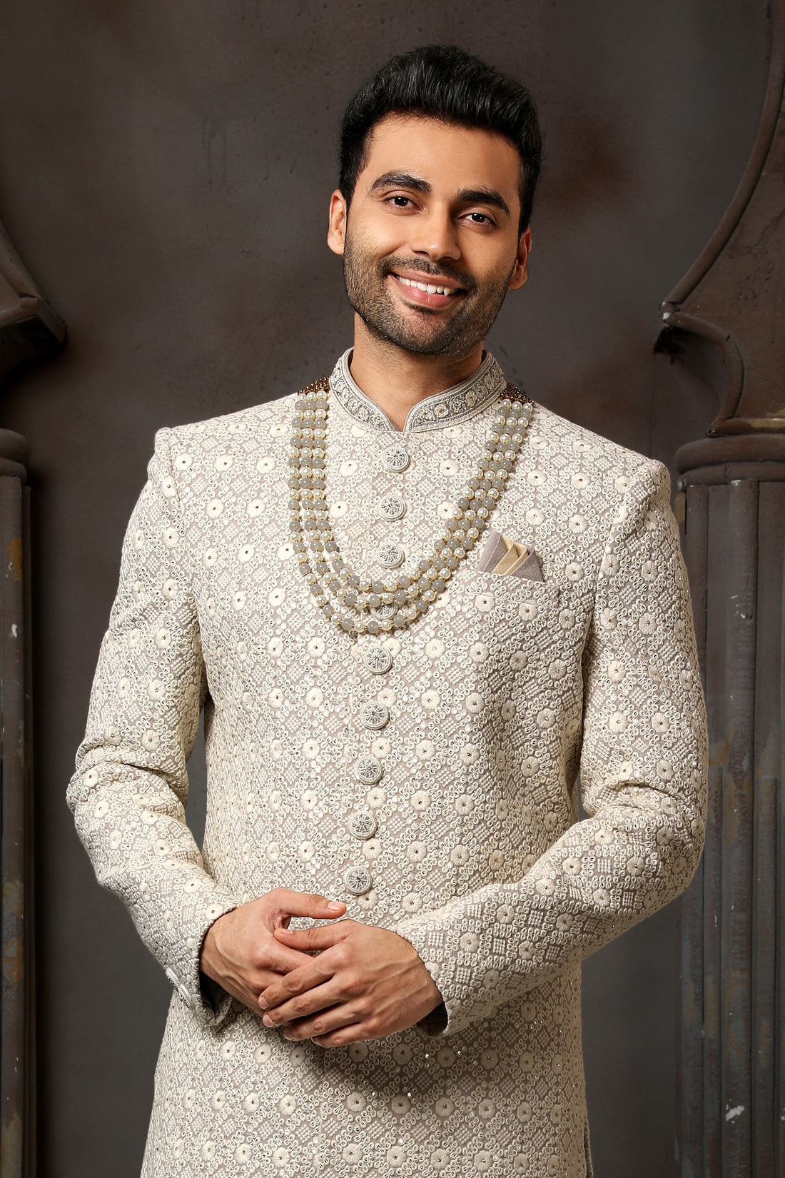 Grey Computer Thread Work Sherwani for Men with Chudidar