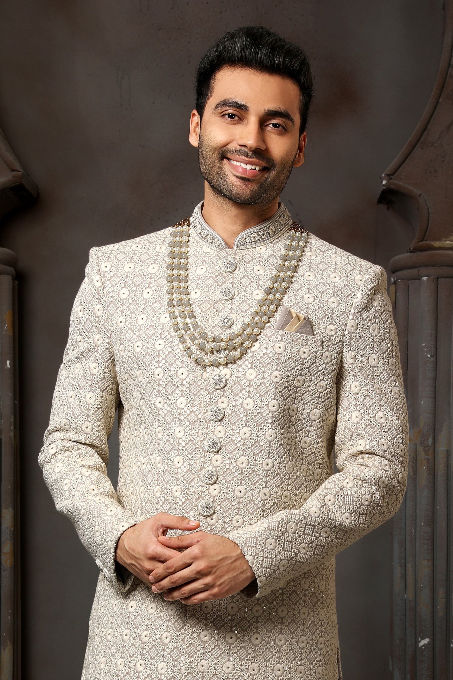 Grey Computer Thread Work Sherwani for Men with Chudidar