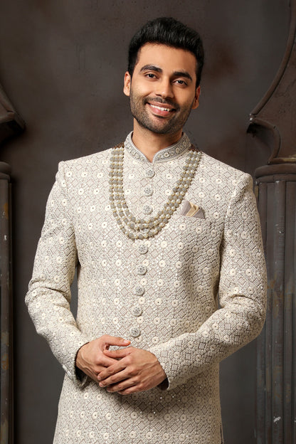 Grey Computer Thread Work Sherwani for Men with Chudidar