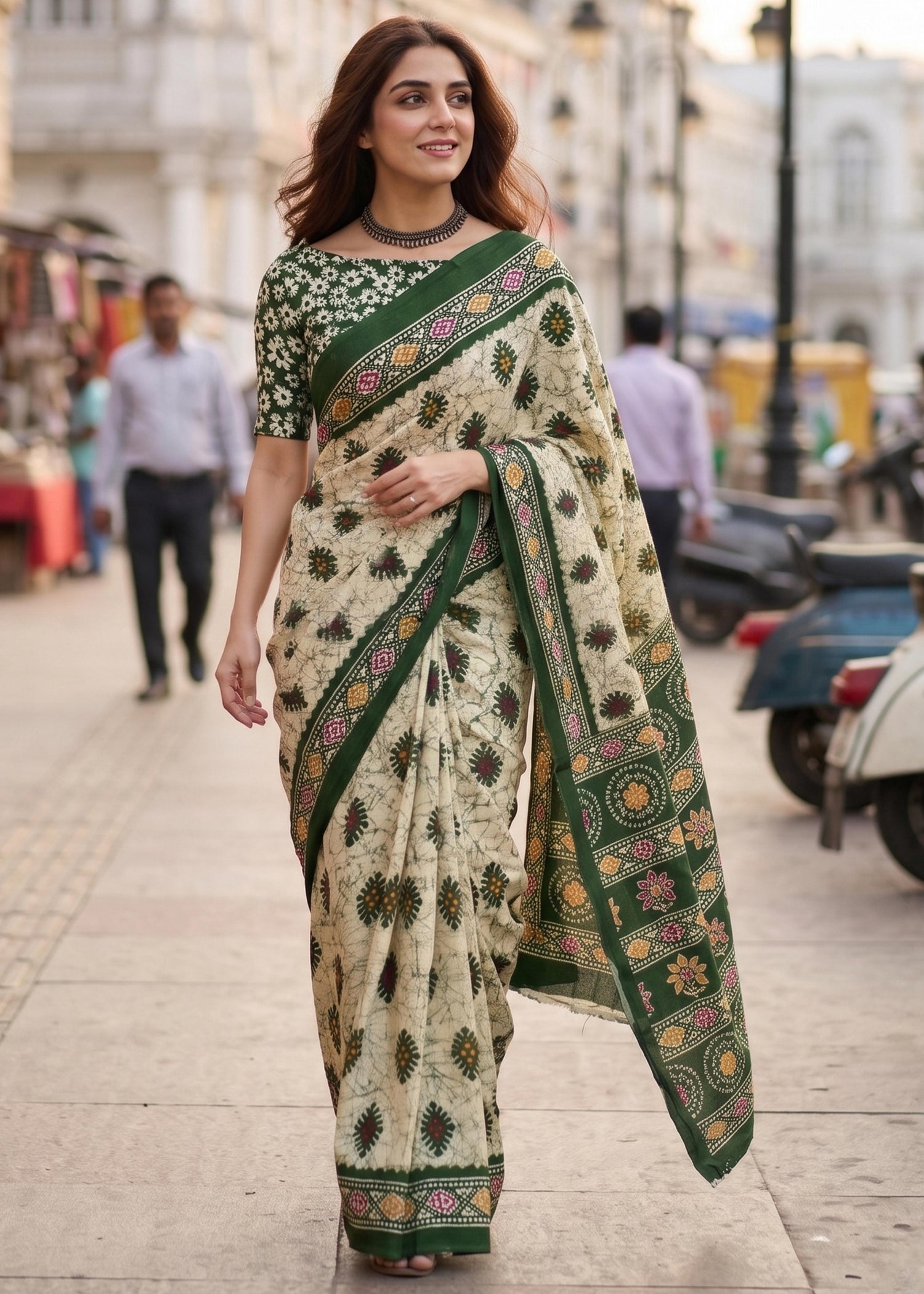 Green Soft Pure Cotton Batik Block Printed Cotton Saree