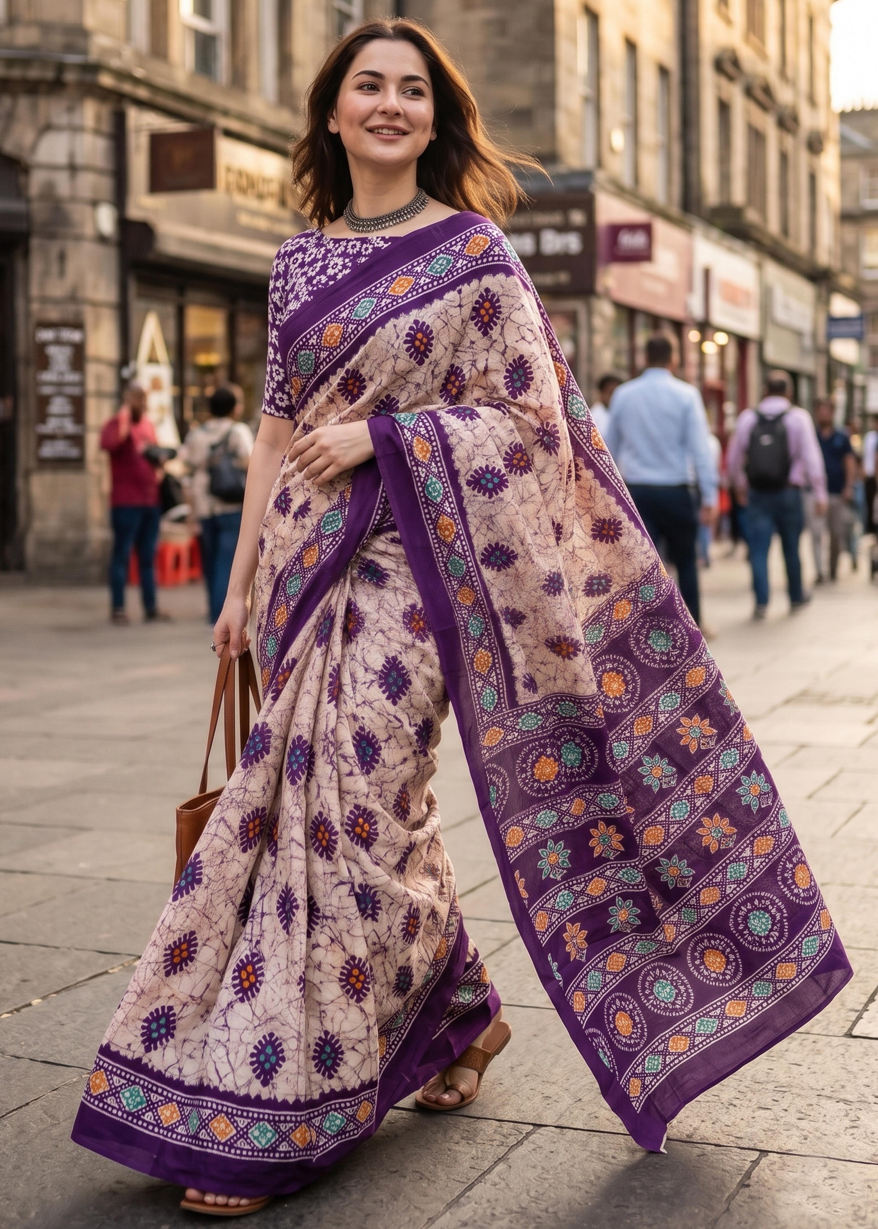 Lavender Soft Pure Cotton Batik Block Printed Cotton Saree