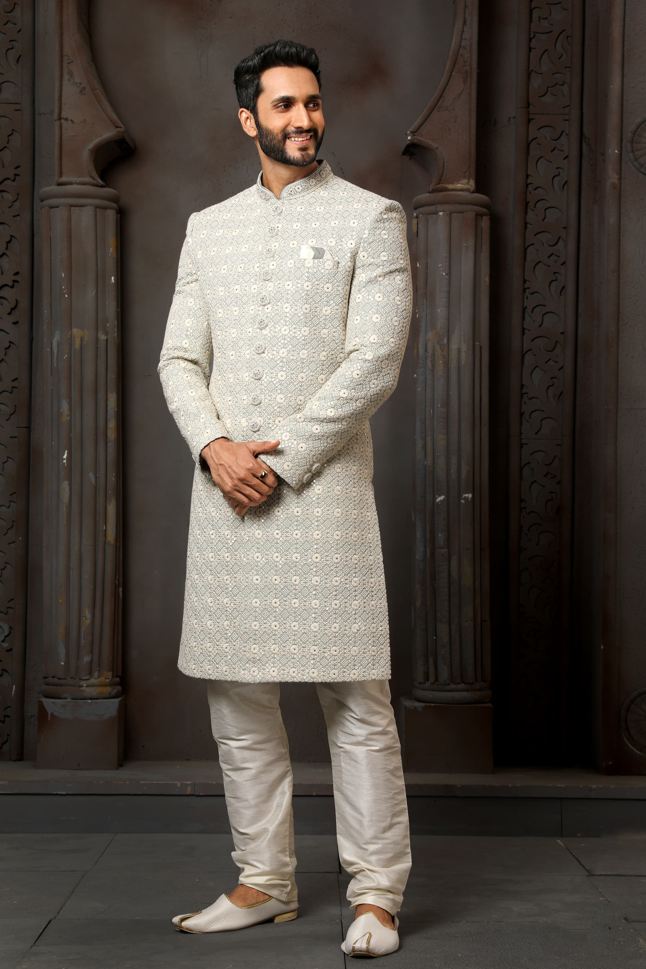Light Grey Computer Thread Work Sherwani for Men with Chudidar