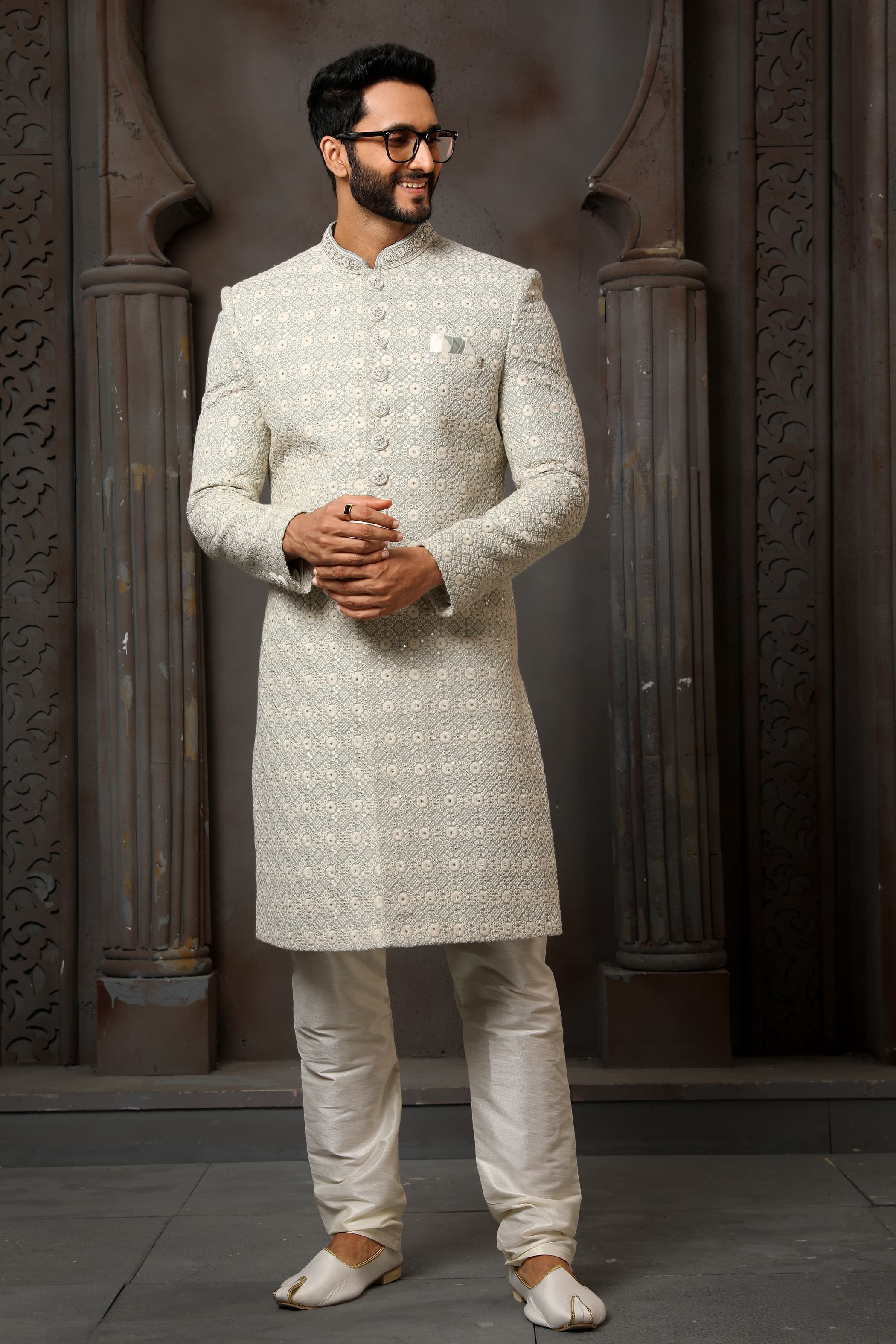 Light Grey Computer Thread Work Sherwani for Men with Chudidar