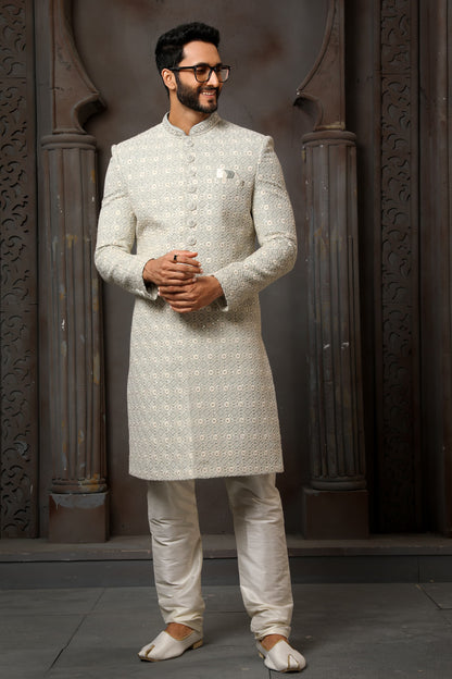 Light Grey Computer Thread Work Sherwani for Men with Chudidar