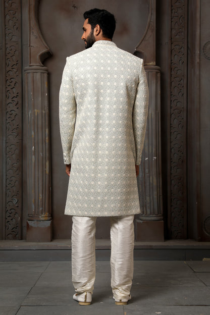 Light Grey Computer Thread Work Sherwani for Men with Chudidar