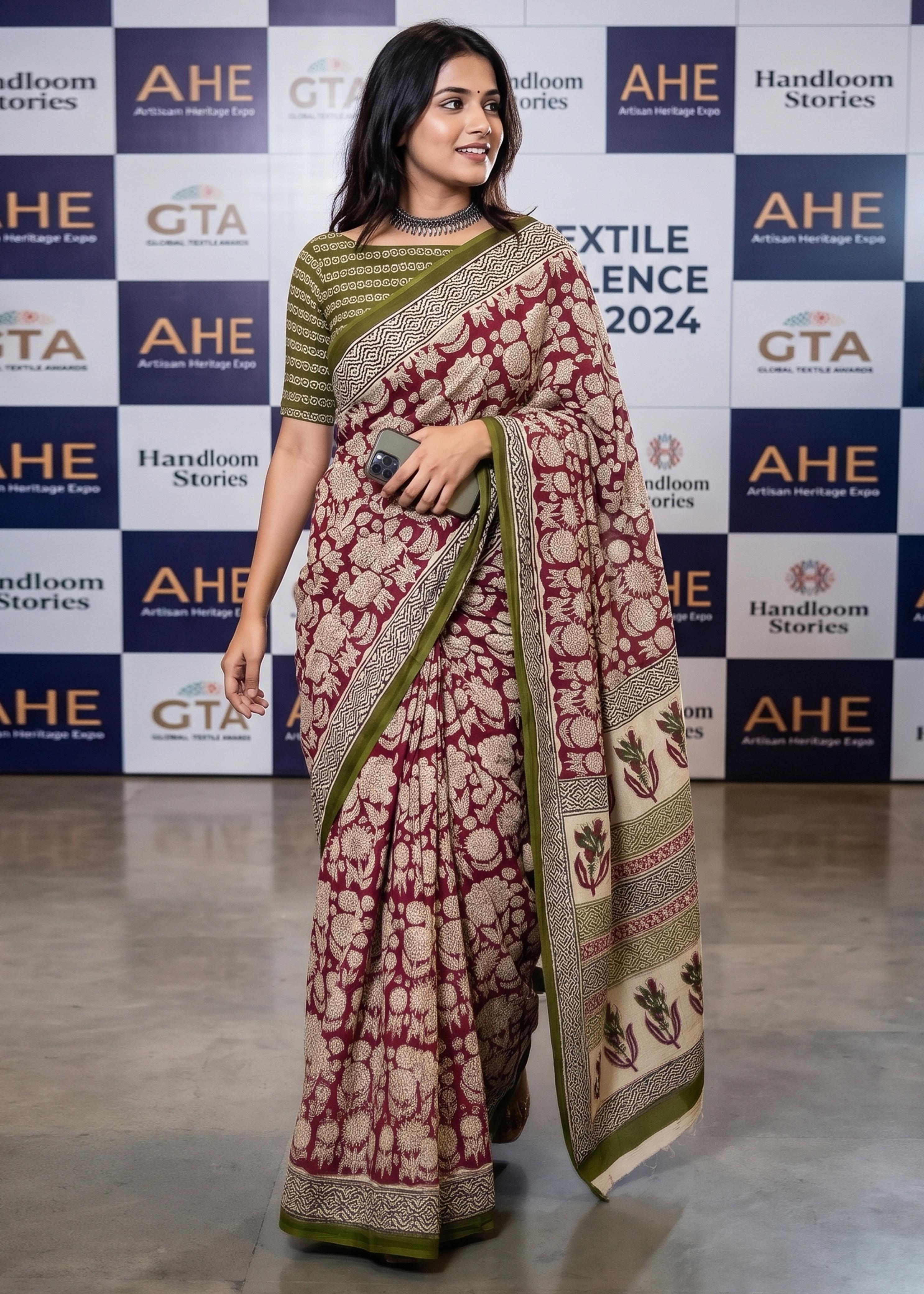 Red Soft Pure Cotton Bagru or Ajrakh Printed Cotton Saree
