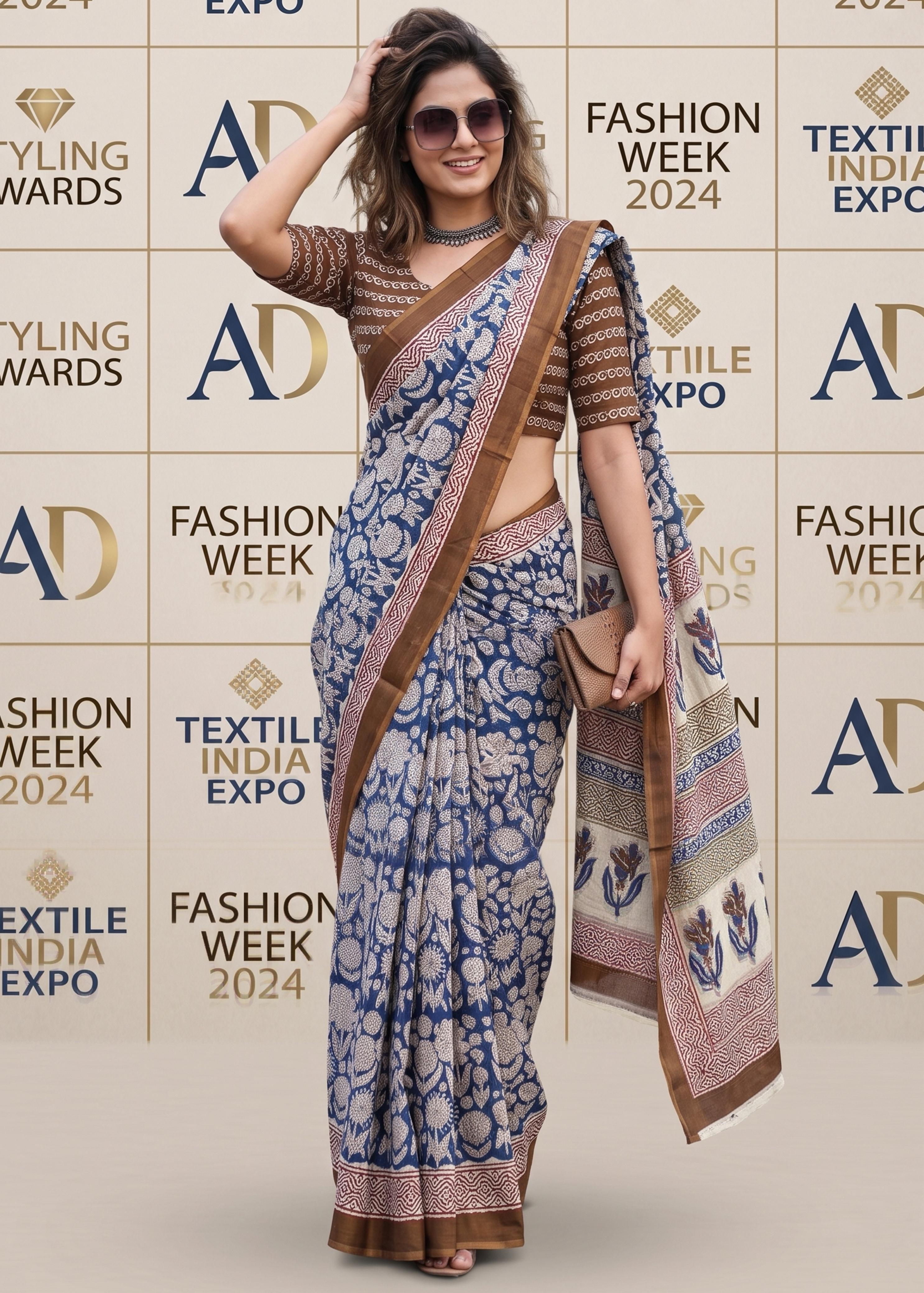 Blue Soft Pure Cotton Bagru or Ajrakh Printed Cotton Saree