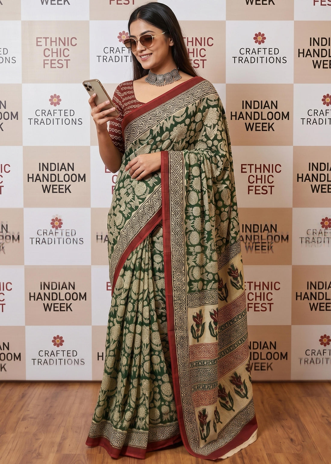 Green Soft Pure Cotton Bagru or Ajrakh Printed Cotton Saree 