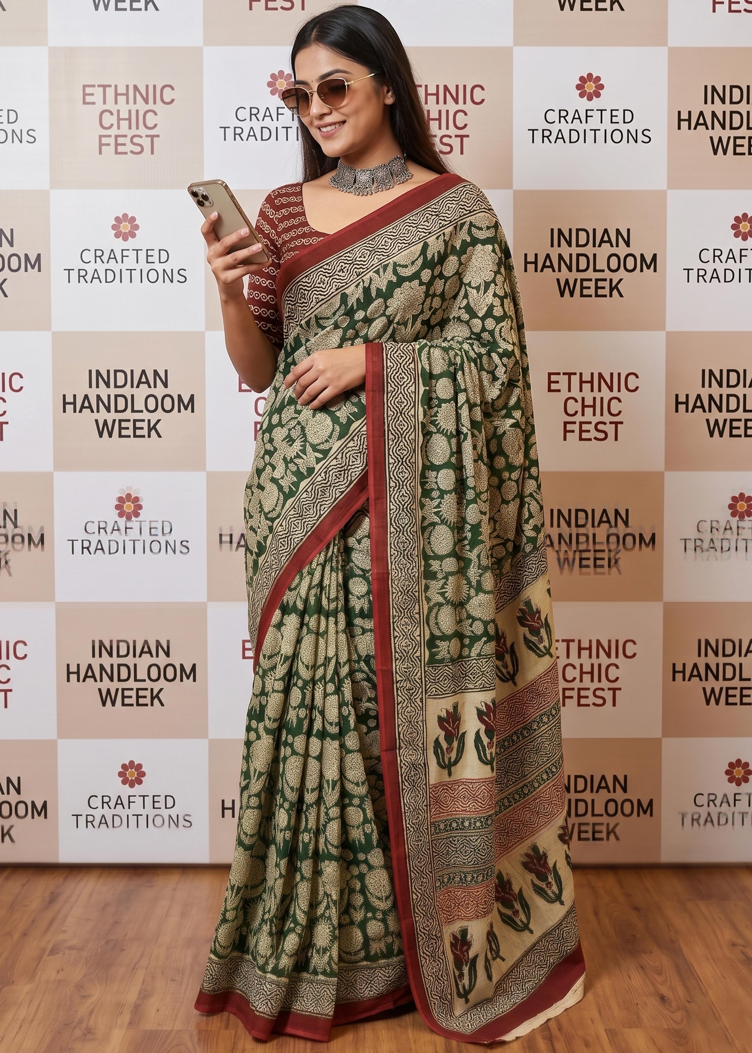 Green Soft Pure Cotton Bagru or Ajrakh Printed Cotton Saree