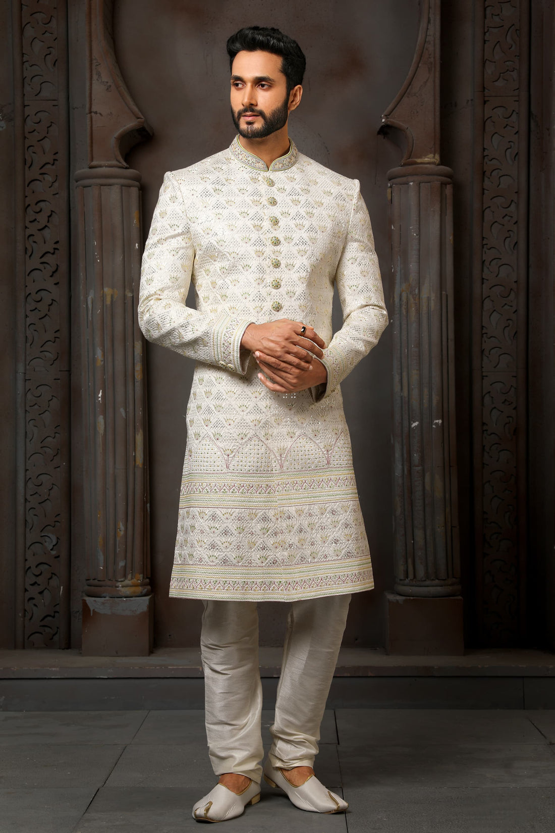 Cream Heavy Embroidered Sherwani for Men with Chudidar