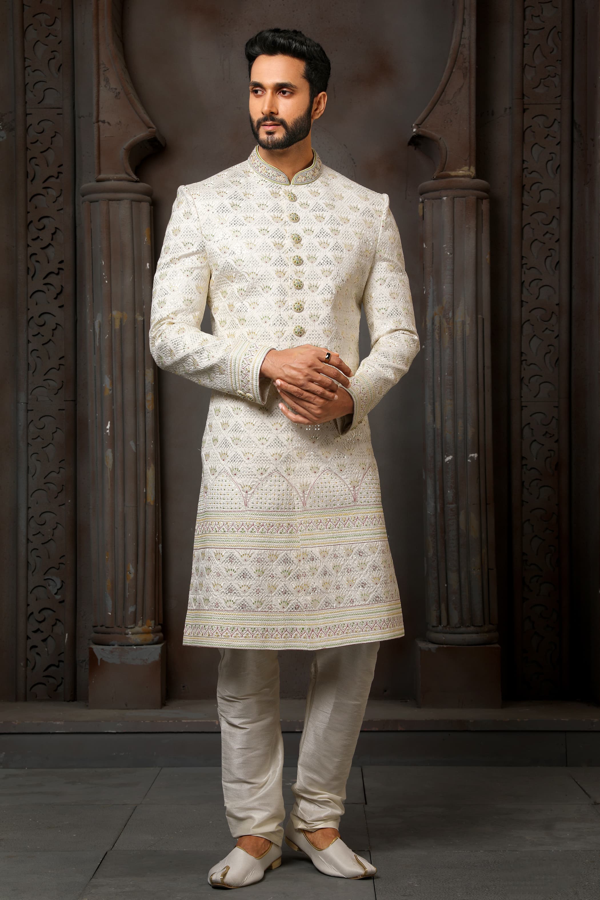 Cream Heavy Embroidered Sherwani for Men with Chudidar