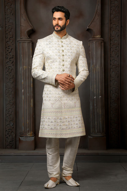 Cream Heavy Embroidered Sherwani for Men with Chudidar
