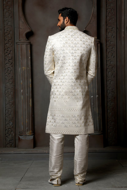 Cream Heavy Embroidered Sherwani for Men with Chudidar