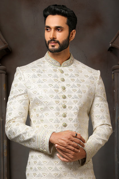 Cream Heavy Embroidered Sherwani for Men with Chudidar