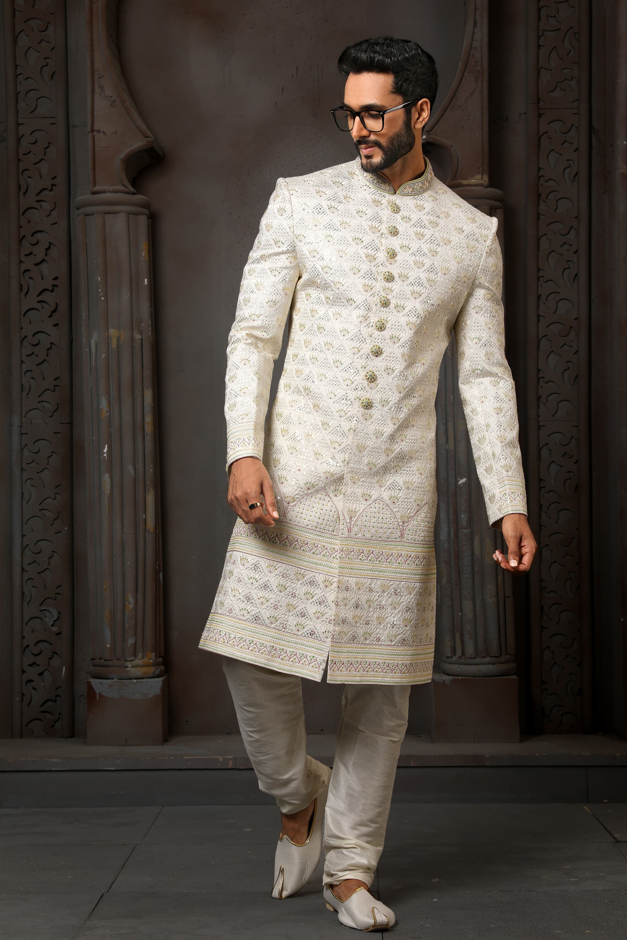 Cream Heavy Embroidered Sherwani for Men with Chudidar