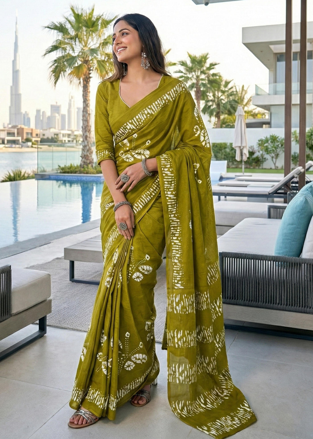 Olive Soft Pure Cotton Bagru Printed Cotton Saree 
