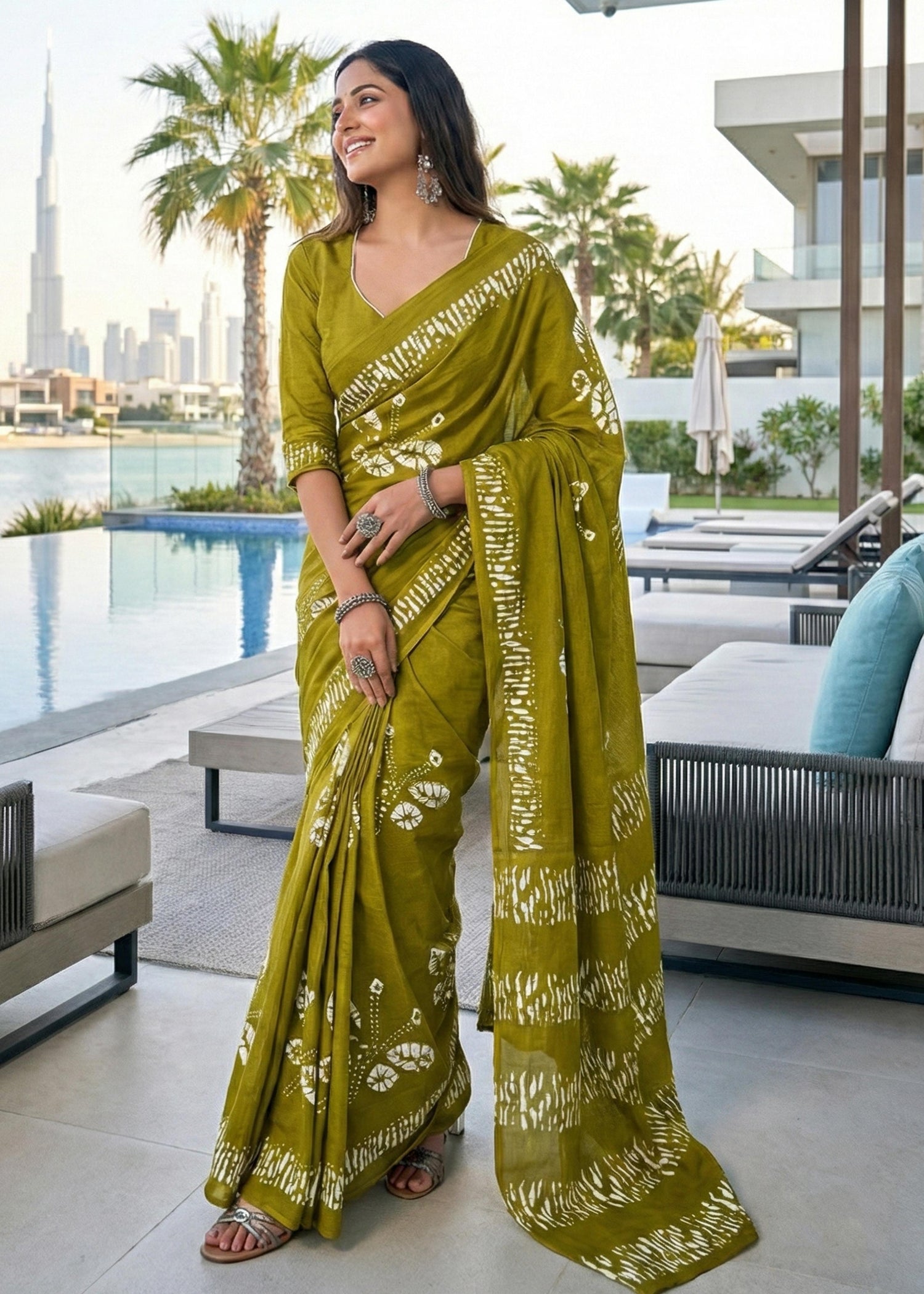 Olive Soft Pure Cotton Bagru Printed Cotton Saree